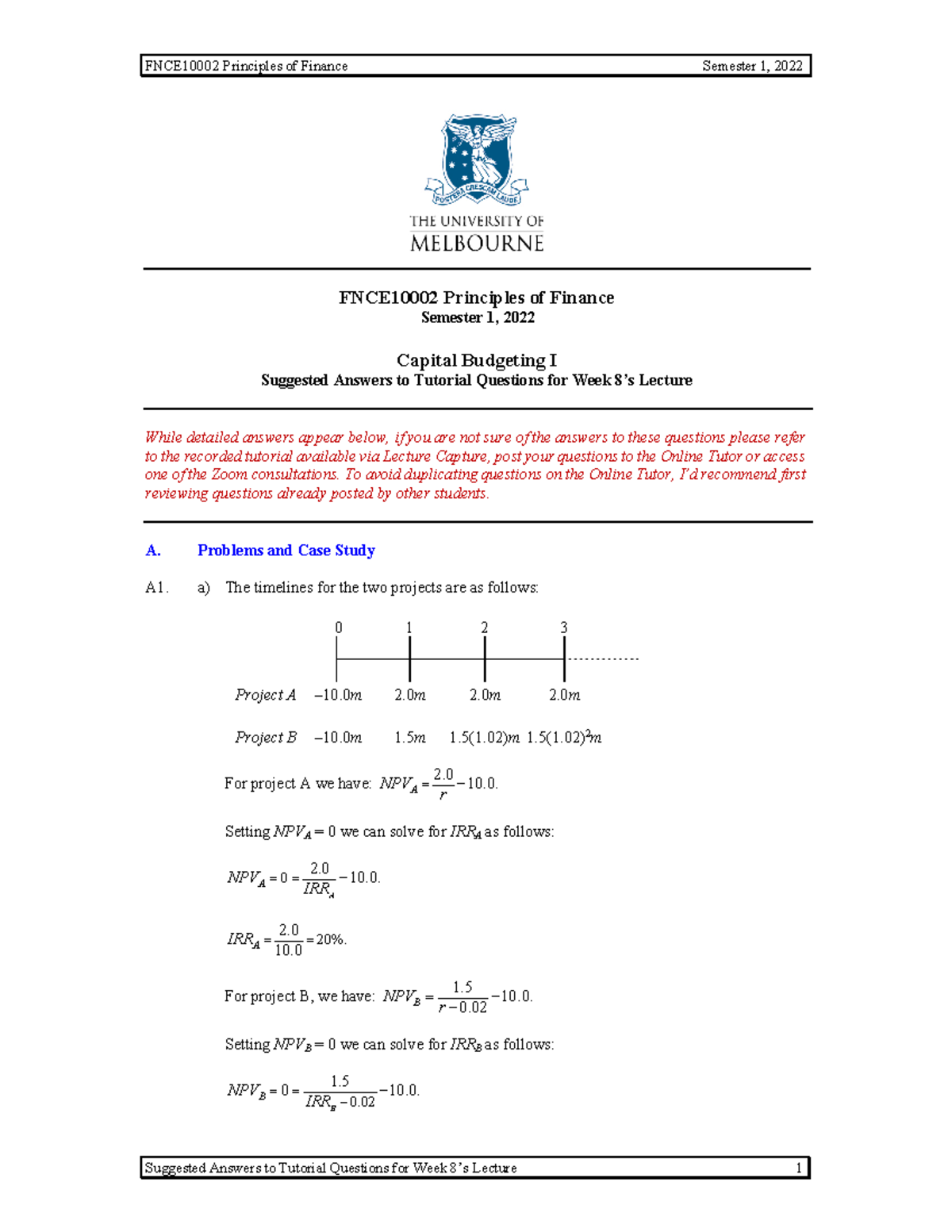Tutorial 08 - Cap Bud 1 - Ans - FNCE10002 Principles of Finance ...