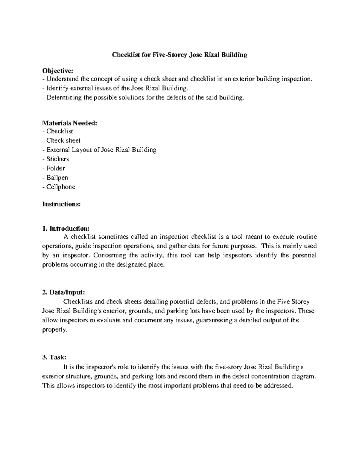 Group 4 Joserizalbldg Inspection - Checklist for Five-Storey Jose Rizal ...