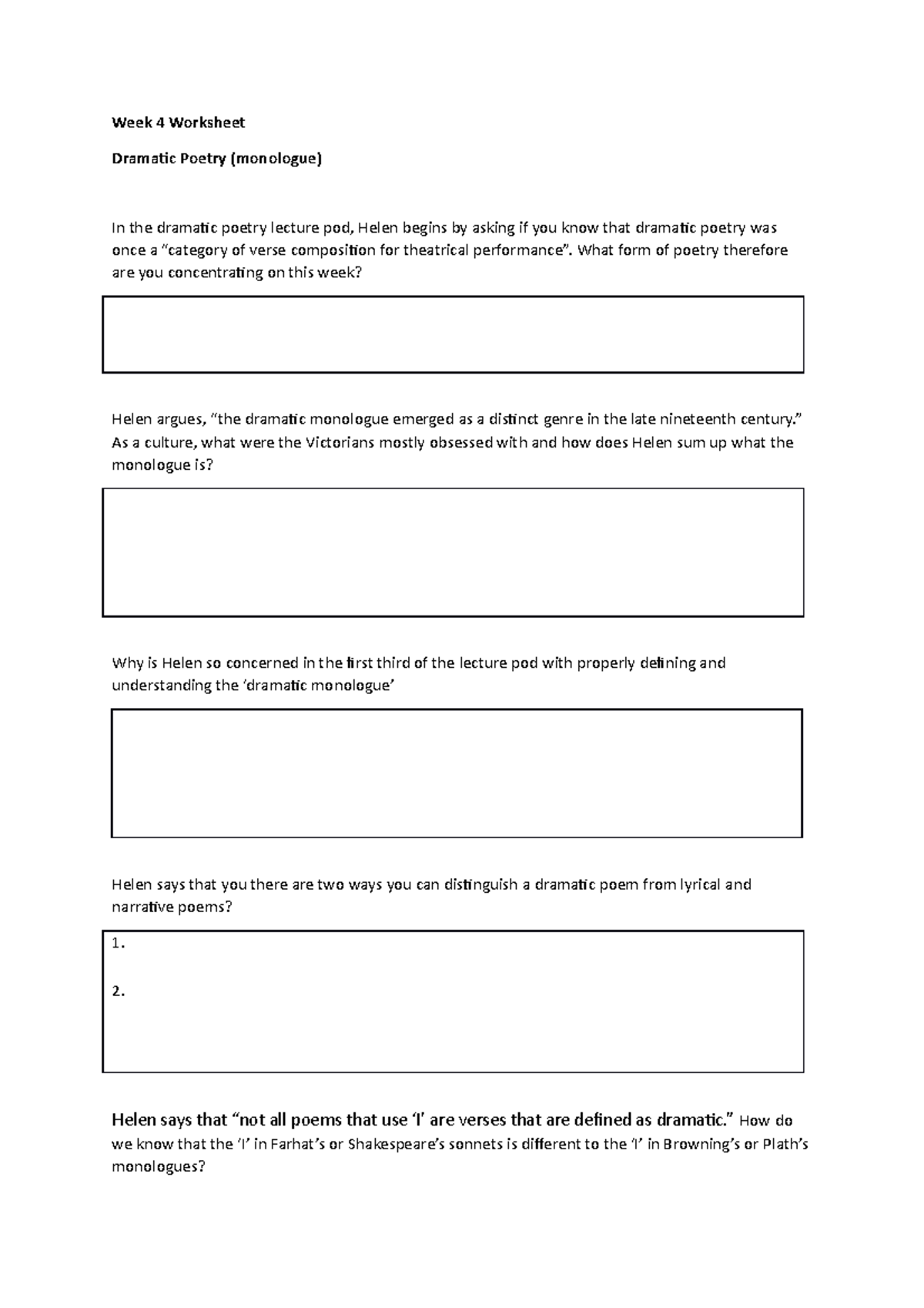 ILS Week 4 Worksheet. Poetry. HK - Week 4 Worksheet Dramatic Poetry ...