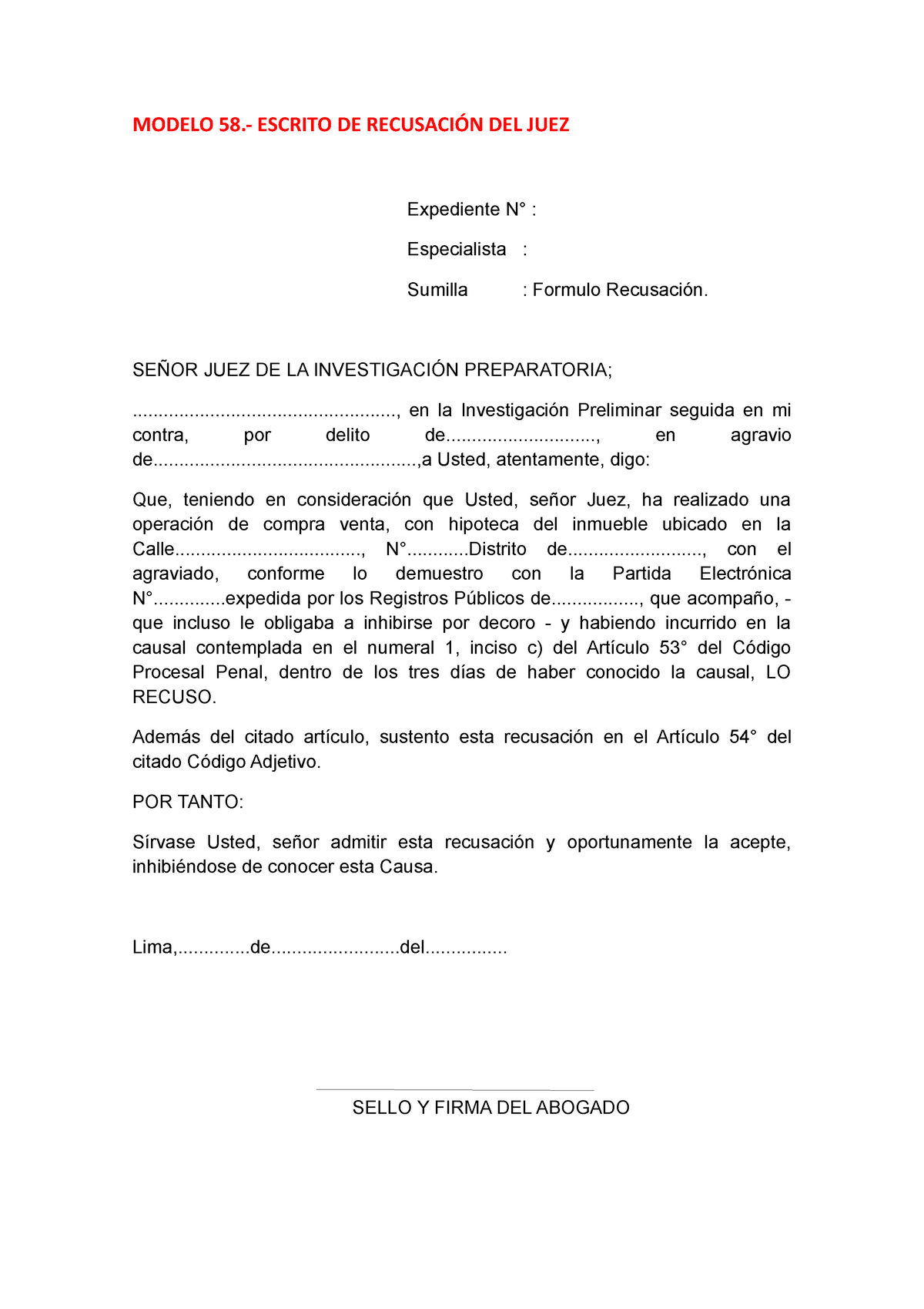 Modelo  Escrito DE Recusación DEL JUEZ - MODELO  ESCRITO DE  RECUSACIÓN DEL JUEZ Expediente - Studocu