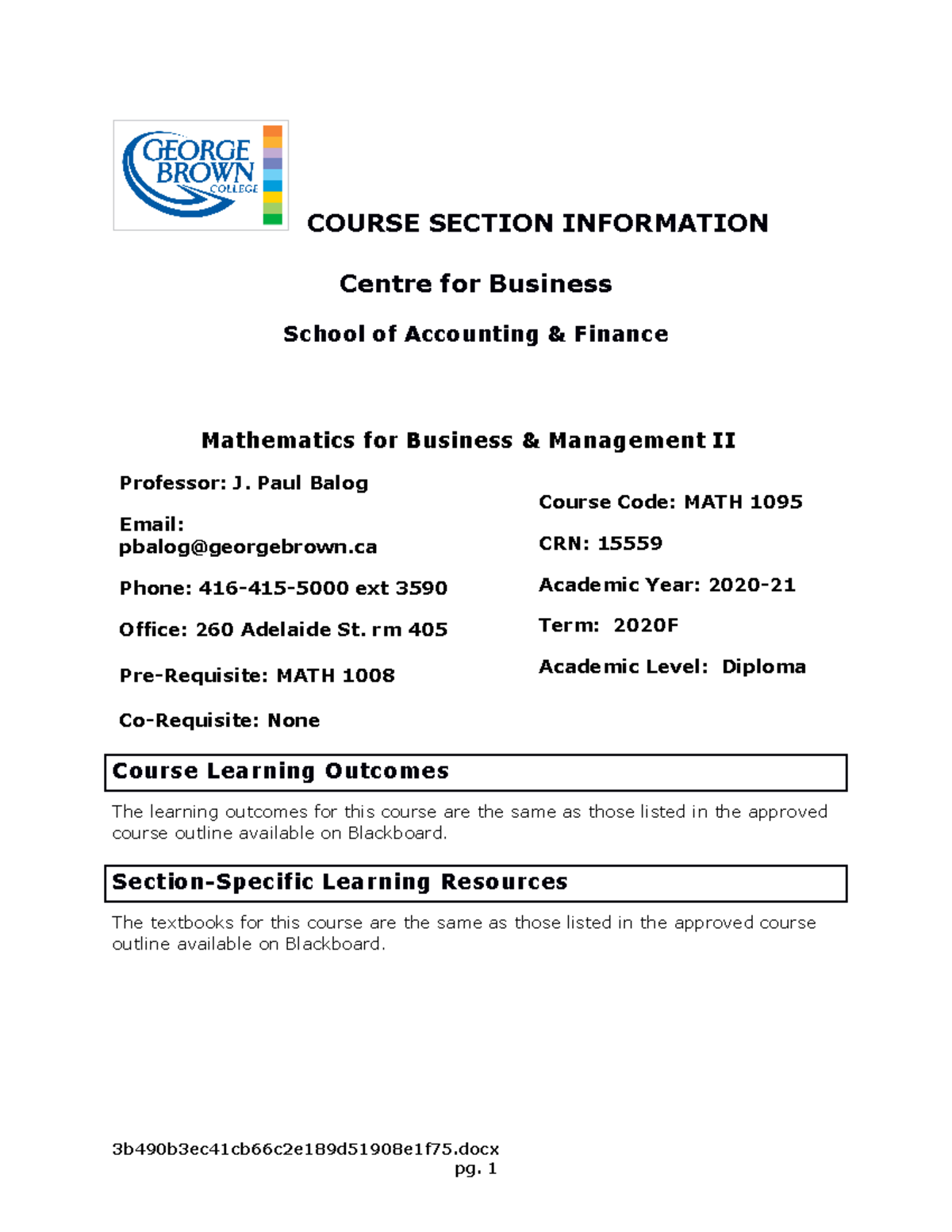 MATH1095 Fall 2020 - OUTLINE - COURSE SECTION INFORMATION Centre for ...