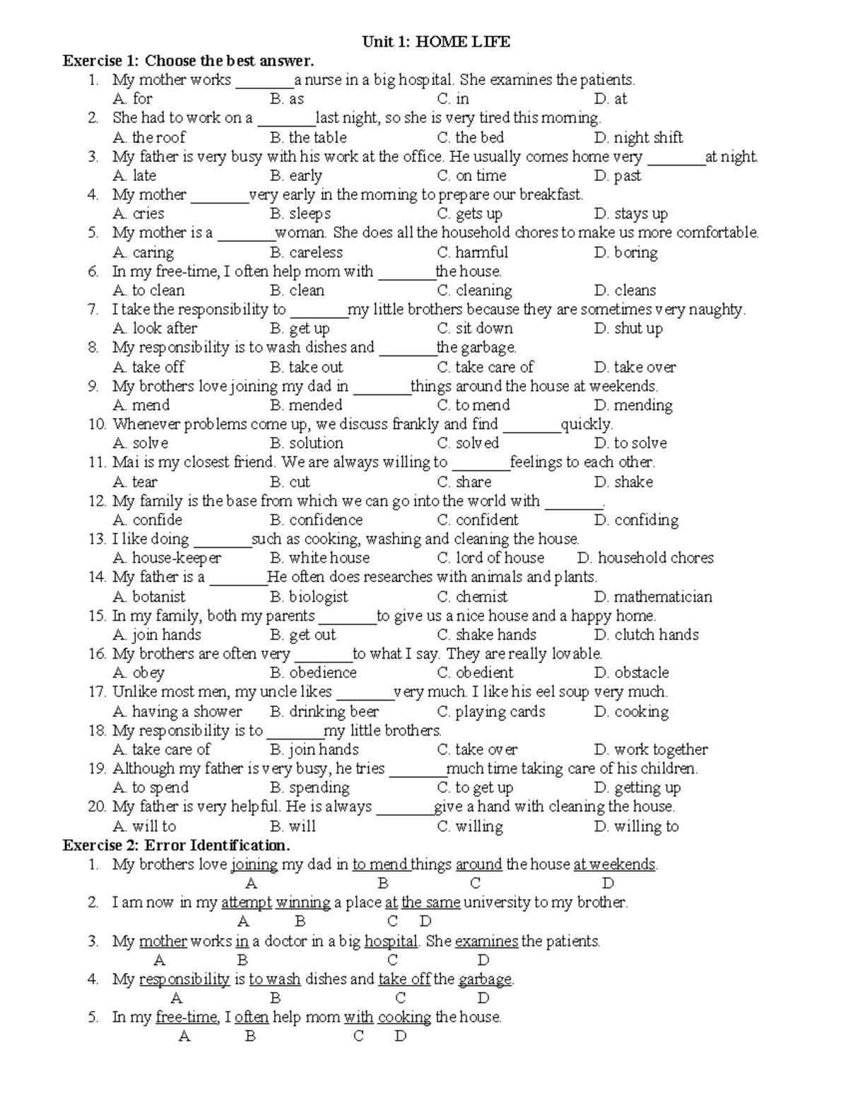 Unit-1-Home-Life-TN-Copy - Unit 1: HOME LIFE Exercise 1: Choose the ...