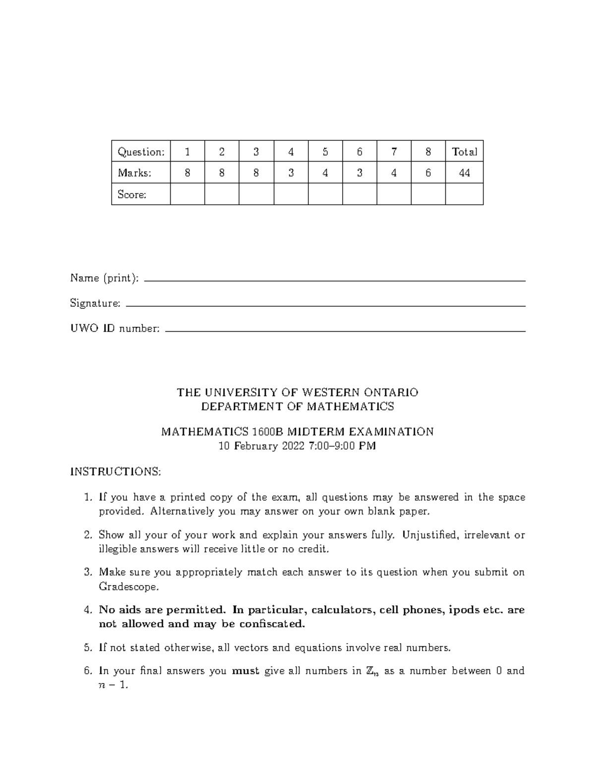 Math 1600 Winter 2022 Version 3 - Question: 1 2 3 4 5 6 7 8 Total Marks ...