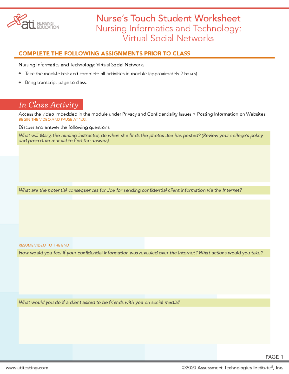 ATI Nurses Touch Student Worksheet Nursing Informatics and Technology