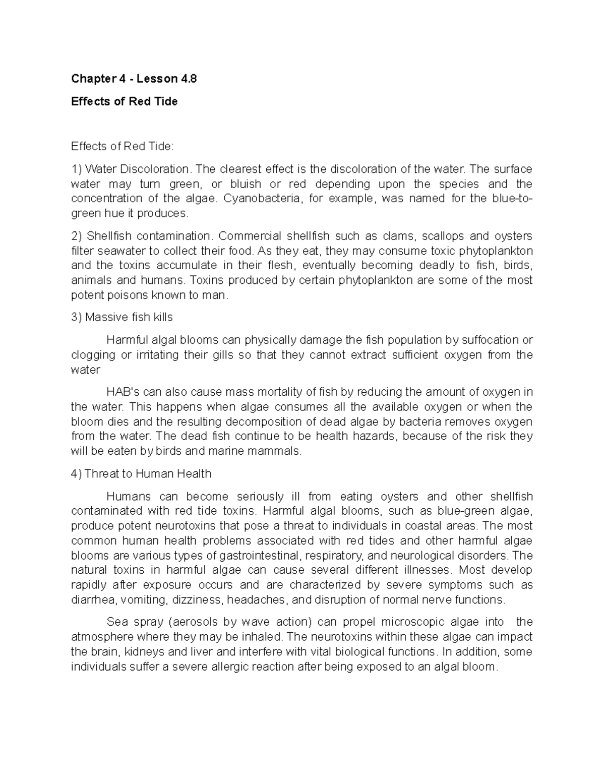 Effects of Red Tide Chapter 4 Lesson 4. Effects of Red Tide Effects