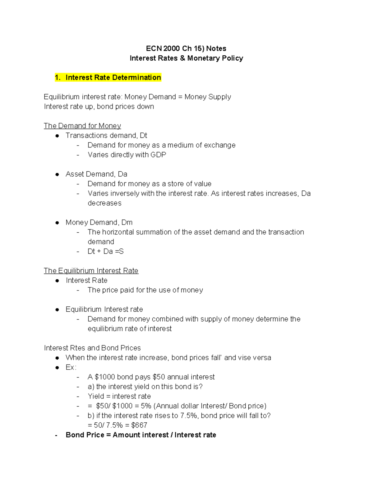 ECN 2000 Ch 15 Study Notes: Interest Rates & Monetary Policy - ECN 2000 ...