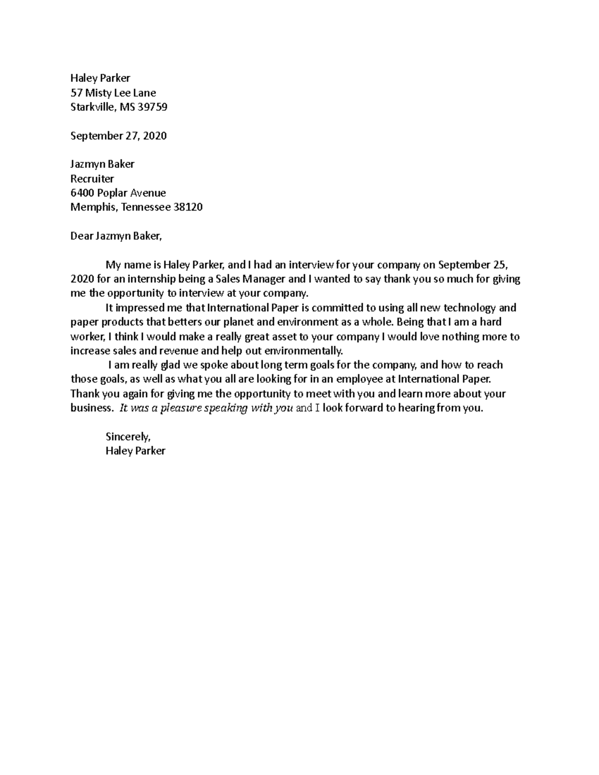 Thank you letter - Haley Parker 57 Misty Lee Lane Starkville, MS 39759 ...