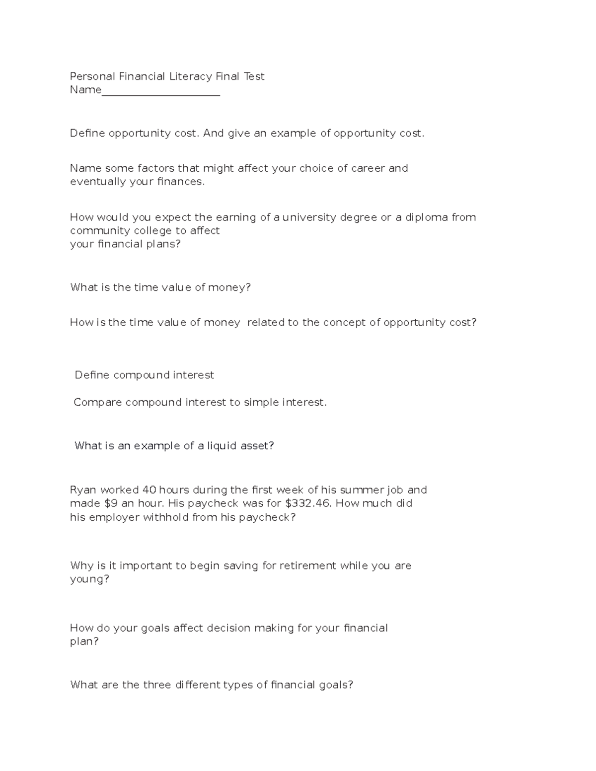 Final Test For Personal Finance Personal Financial Literacy Final 