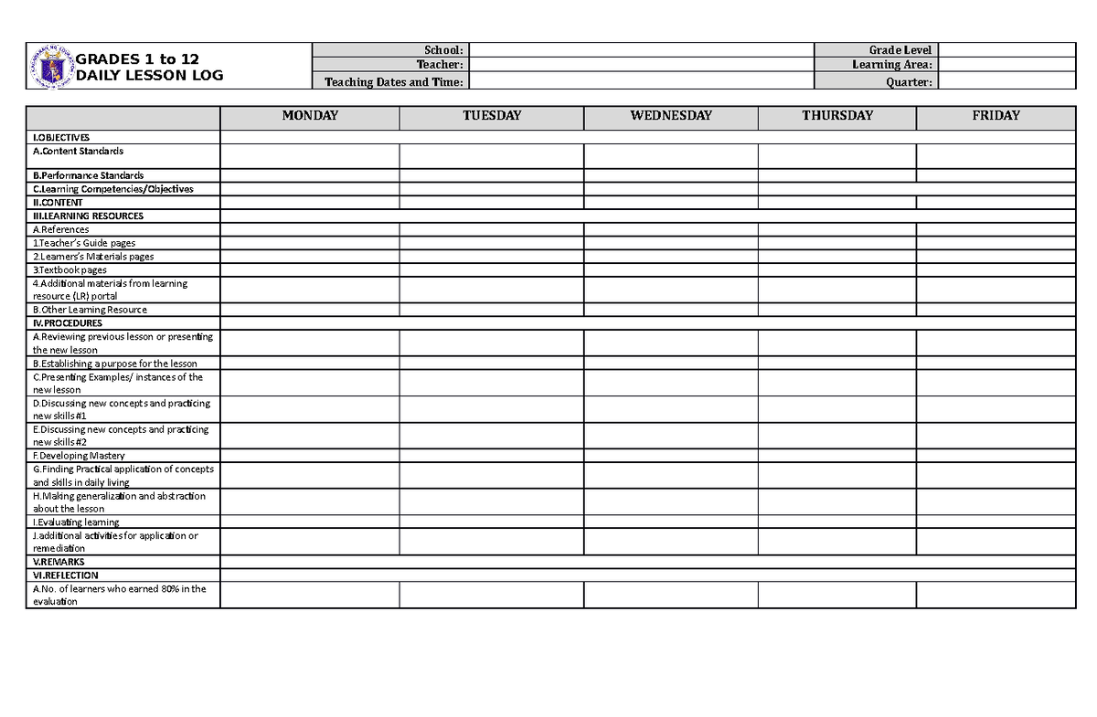 Daily Lesson Log Template - GRADES 1 to 12 DAILY LESSON LOG School ...