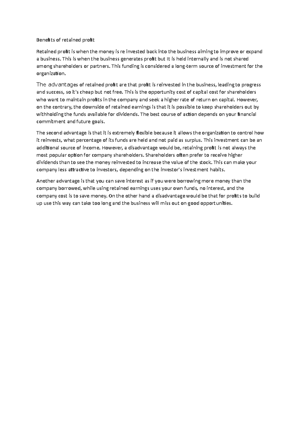 Benefits of retained profit Benefits of retained profit Retained