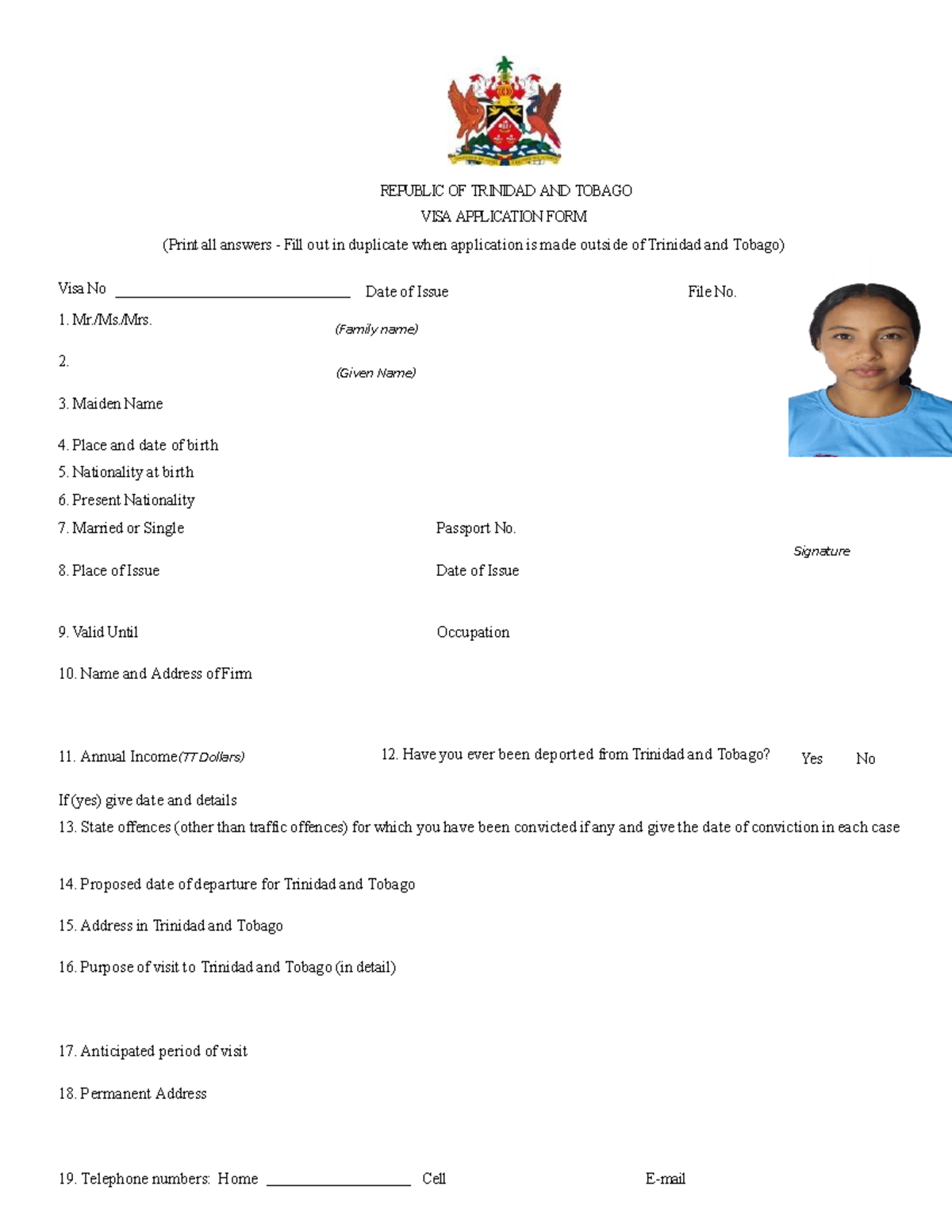 Document 1 - Visa Application Form - Republic Of Trinidad And Tobago 