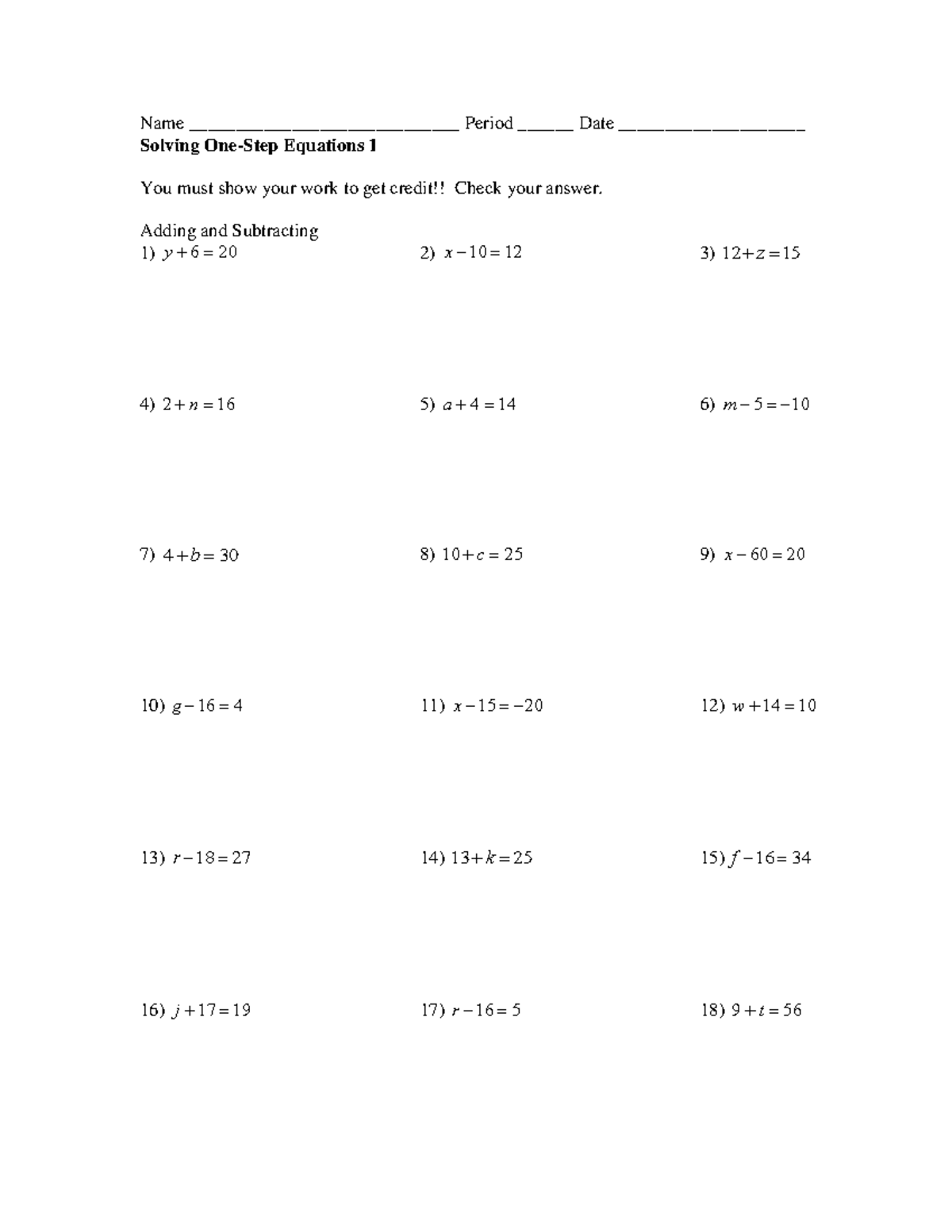 Algebra 1- One Step Equation - Name ...