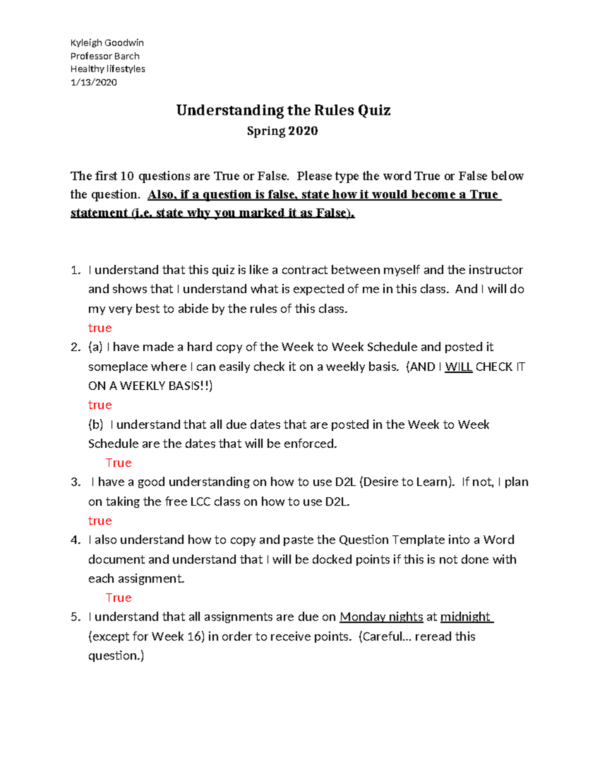 Class Rules Quiz - just a practice quiz for healthy living - Professor ...