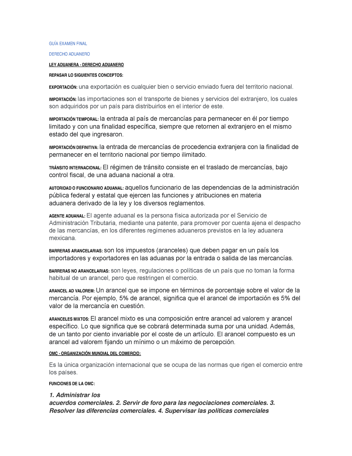 DA - GUÍA Examen Final - GUÍA EXAMEN FINAL DERECHO ADUANERO LEY ADUANERA -  DERECHO ADUANERO REPASAR - Studocu