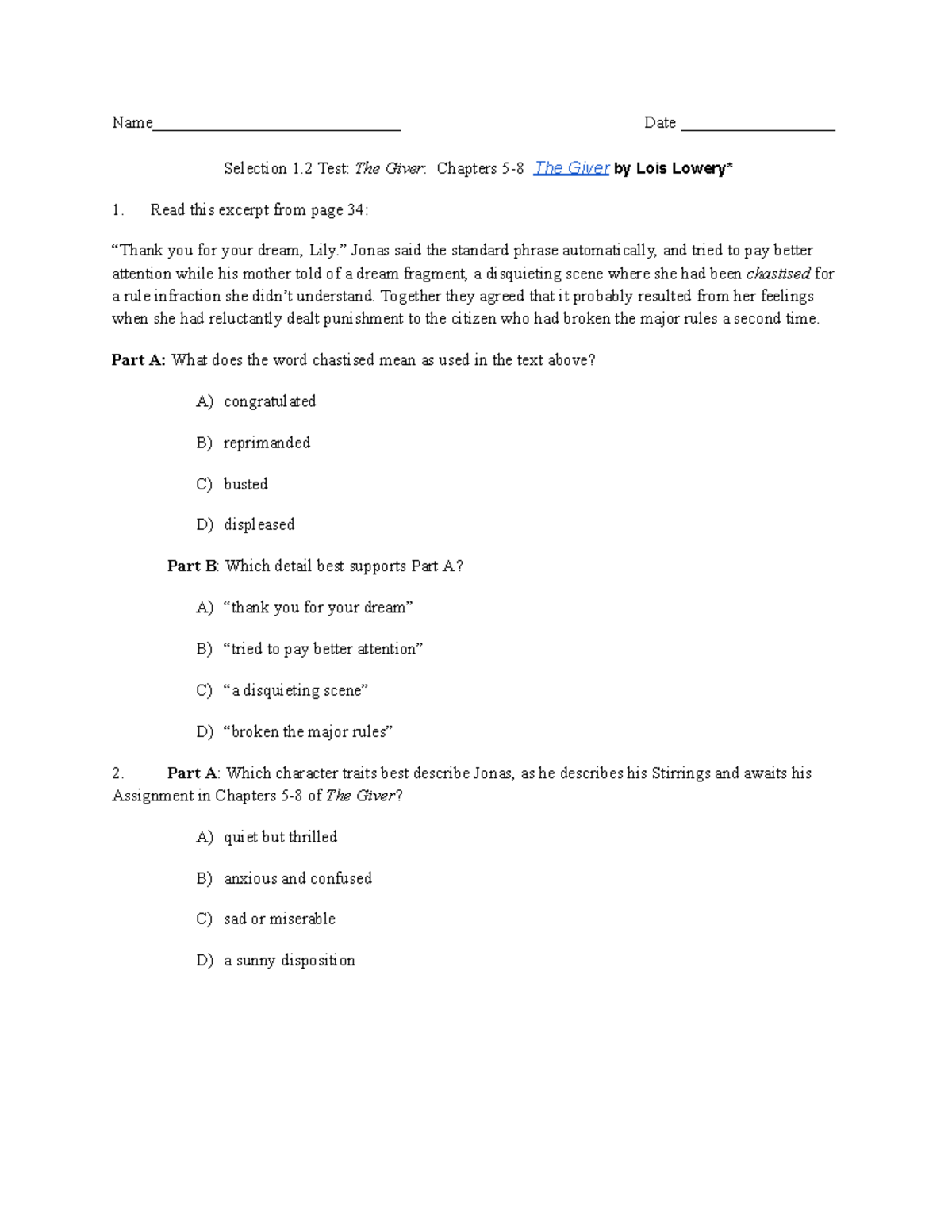 The Giver Chapters 5-8 - Open ended questions - Name ...