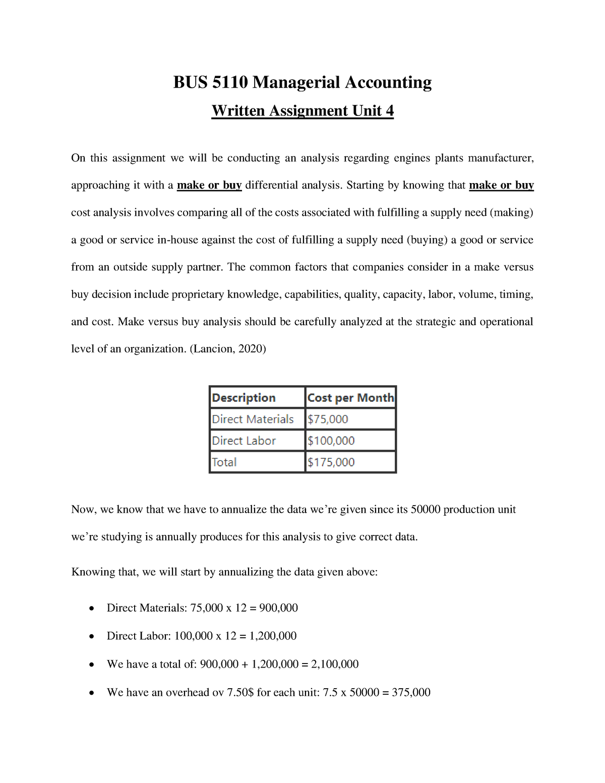 BUS 5110 Managerial Accountin 1 - WA4 - BUS 5110 Managerial Accounting ...