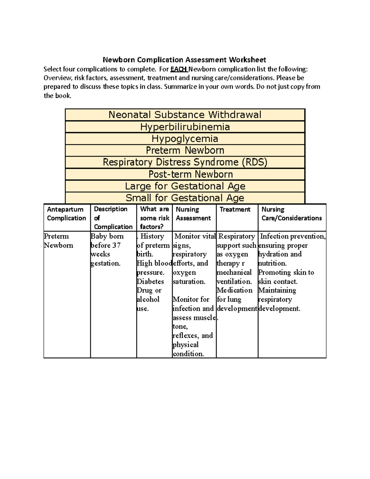 Newborn Complications Worksheet Newborn Complication Assessment Newborn Complications Worksheet Newborn Complication Assessment