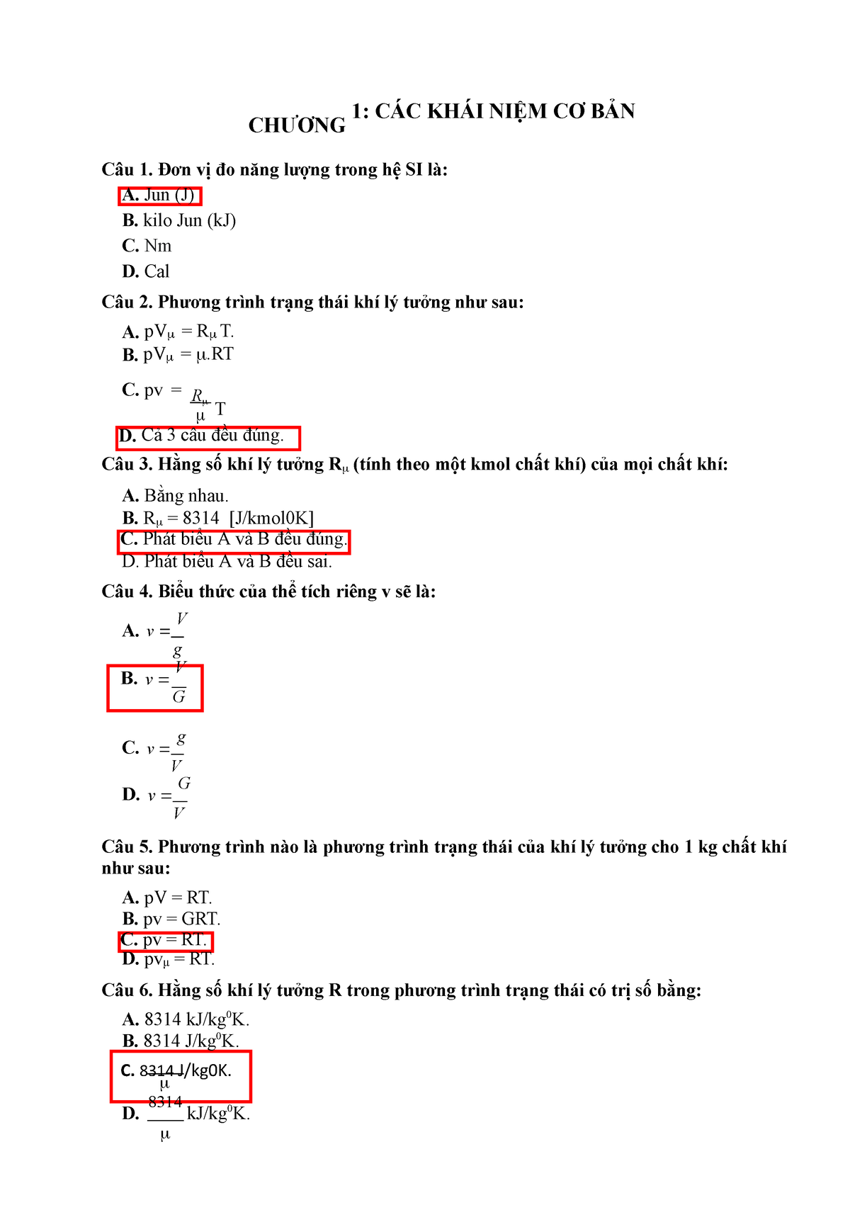 CAU HOI TRAC Nghiem Nhiet KY Thuat - ####### C. 8314 J/kg0K ...