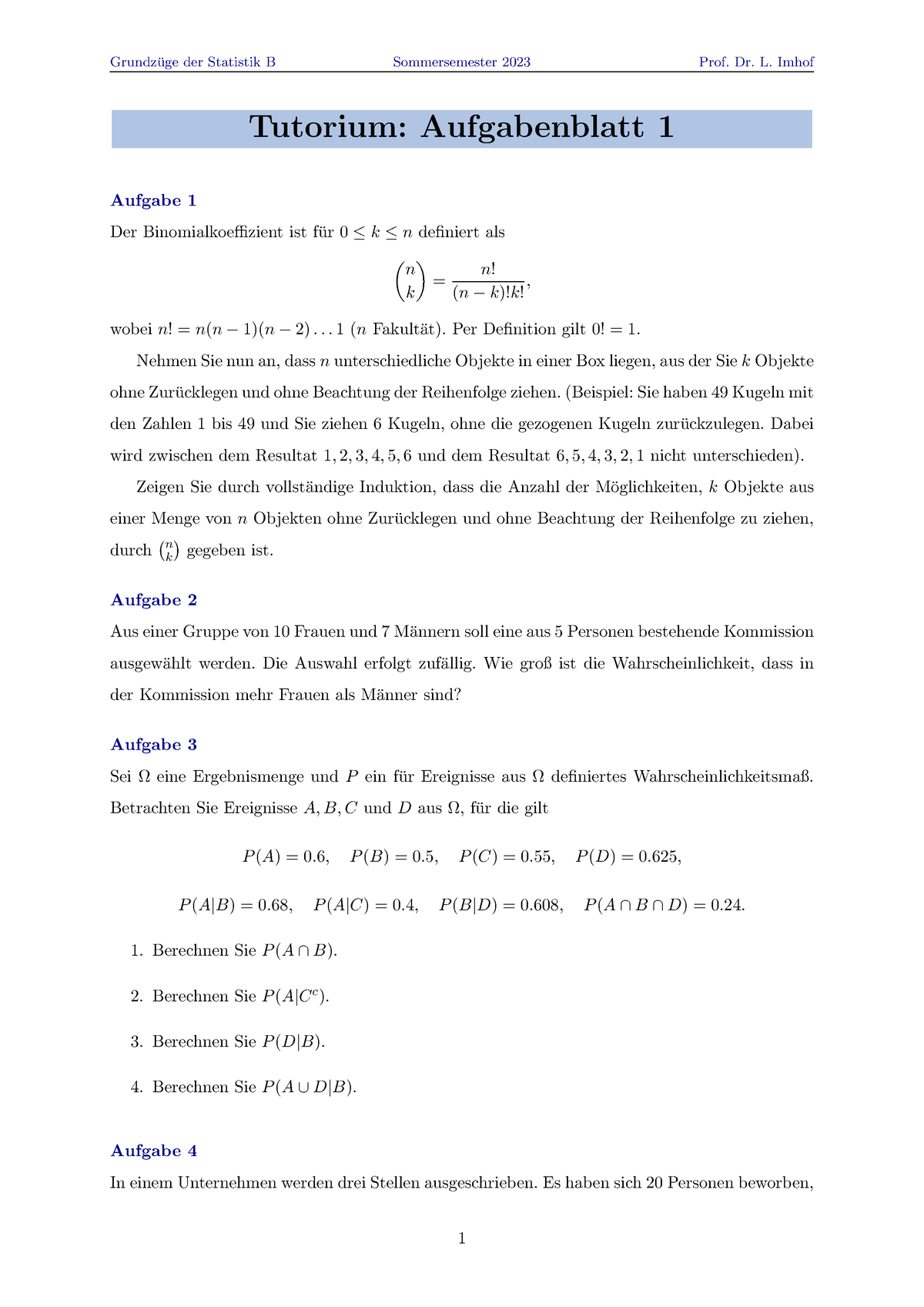Tutorium 01 - Übungsaufgaben 1 SS23 - Grundz ̈uge Der Statistik B ...