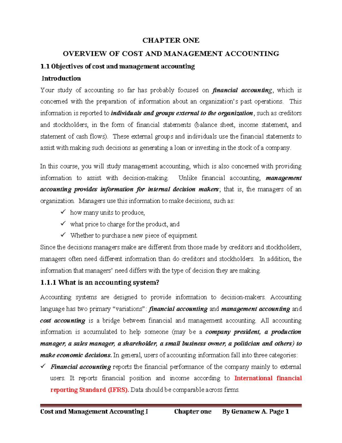 Cost 1 Chapter 1 - CHAPTER ONE OVERVIEW OF COST AND MANAGEMENT ...