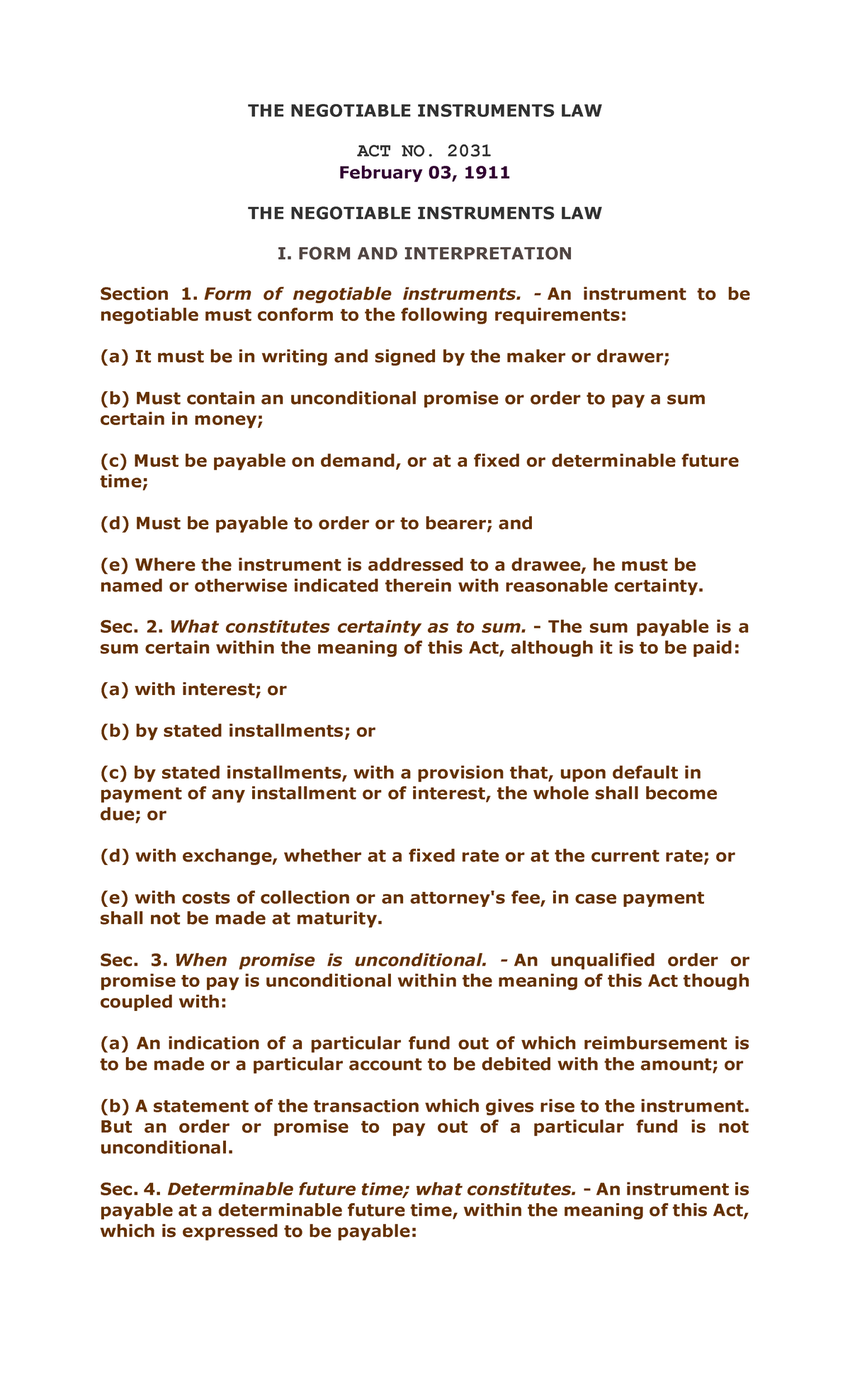 Chapter 1 Forms AND Interpretation 2 THE NEGOTIABLE INSTRUMENTS LAW   Thumb 1200 1976 