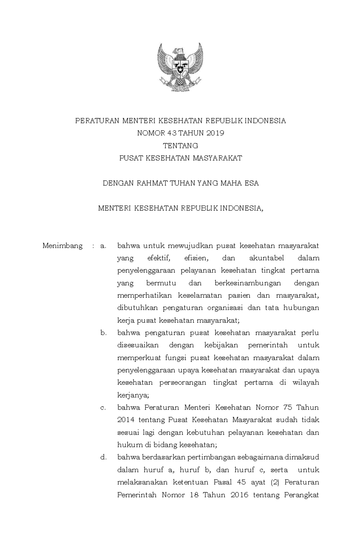 PMK No. 43 Tahun 2019 tentang Puskesmas - PERATURAN MENTERI KESEHATAN