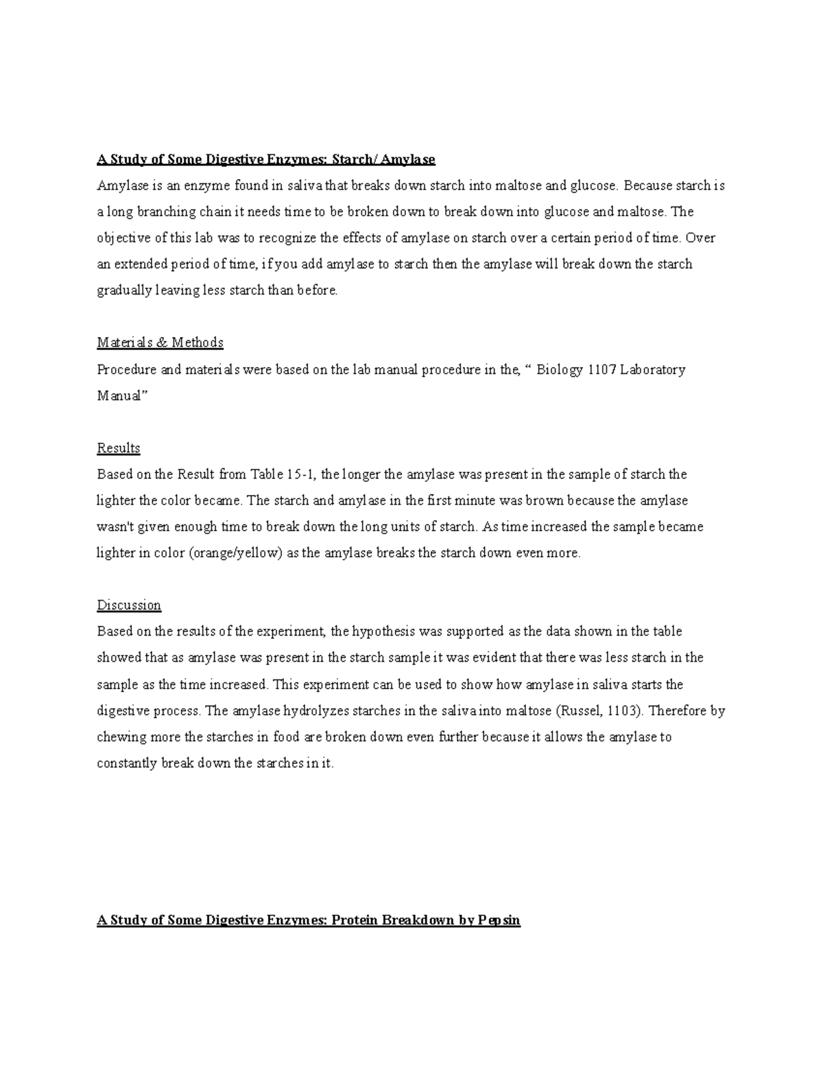 Digestive System Lab Report - A Study of Some Digestive Enzymes: Starch ...