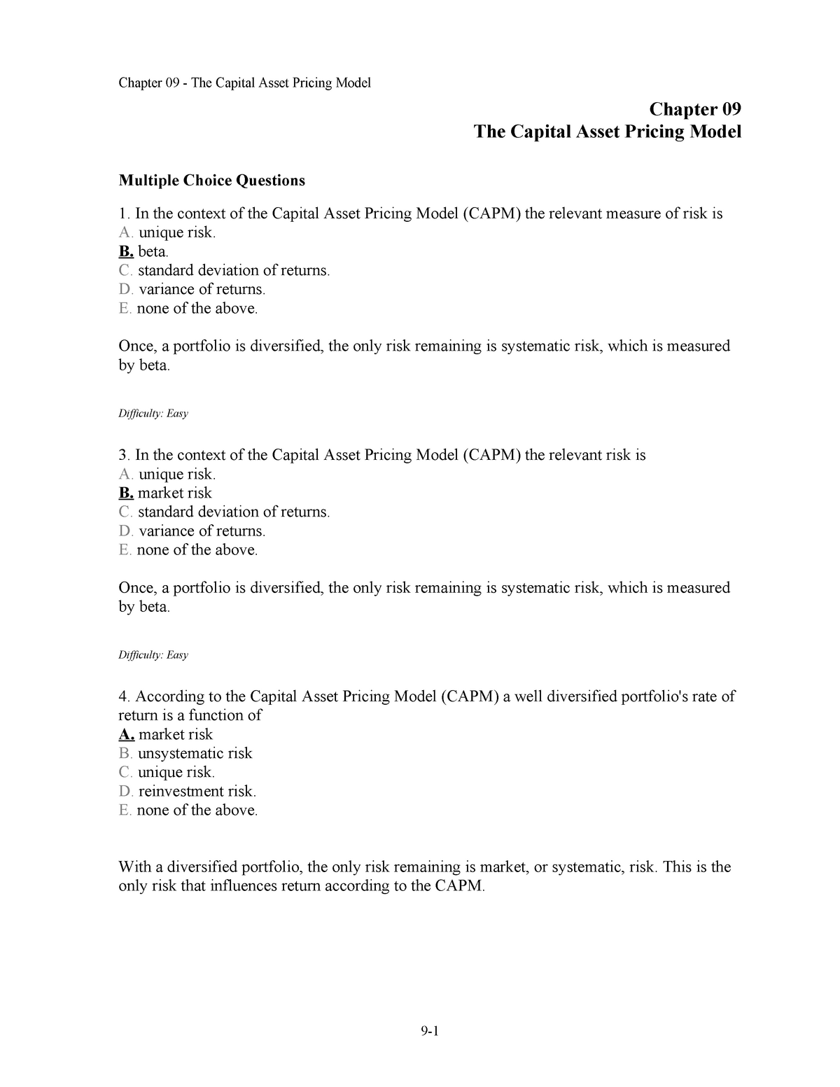 K Test bank CHapter 9 The Capital Asset Priciing Model Sns-Brigh10