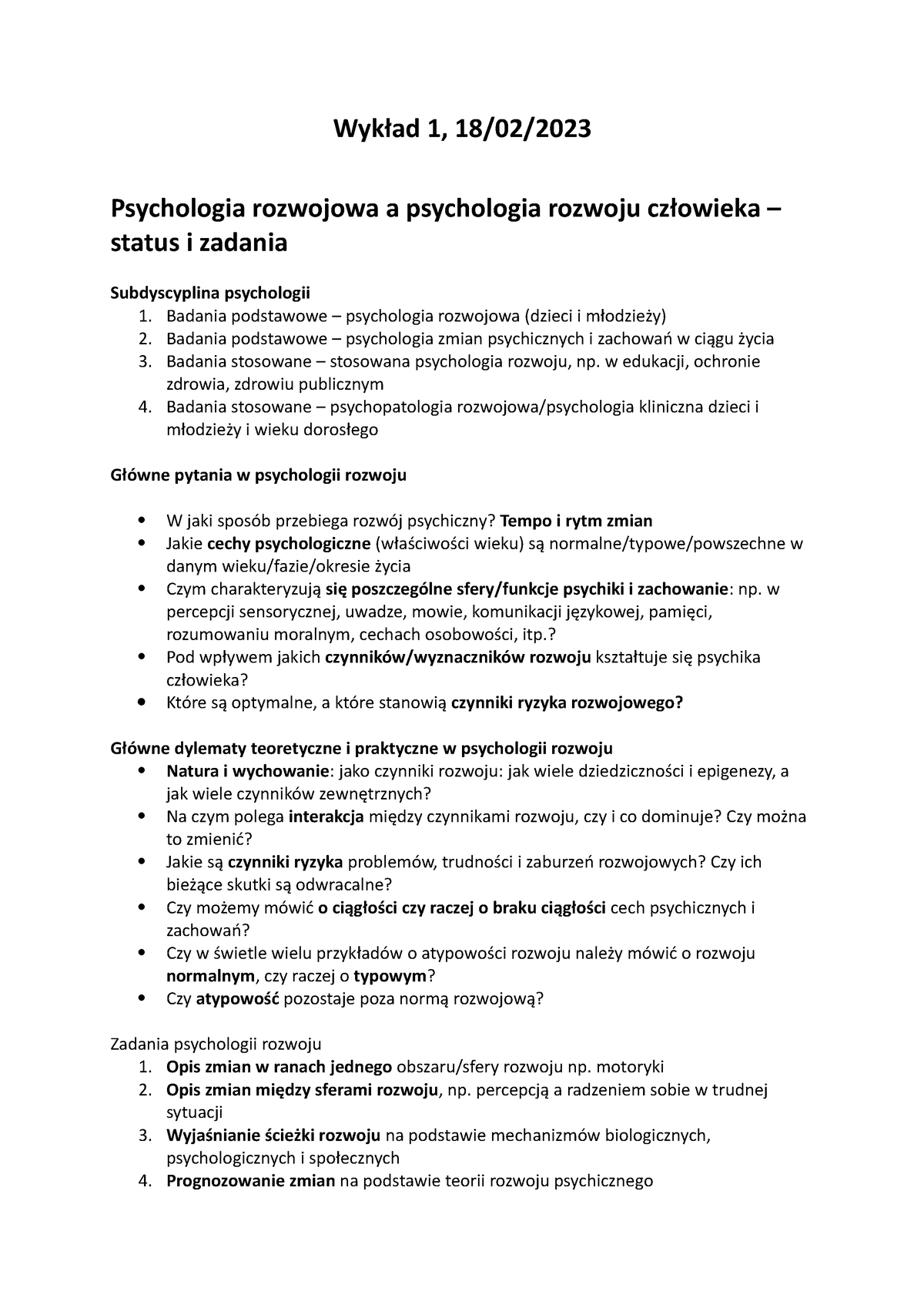 Psychologia Rozwoju Człowieka Wykład 1 - Wykład 1, 18/02/ Psychologia ...