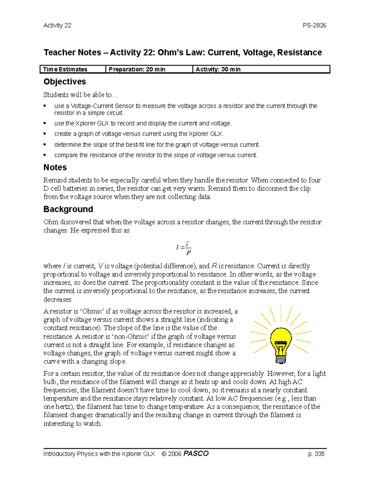 22 Ohm's Law TN Notes Activity 22 PS Teacher Notes Activity 22 Ohm’s Law Current