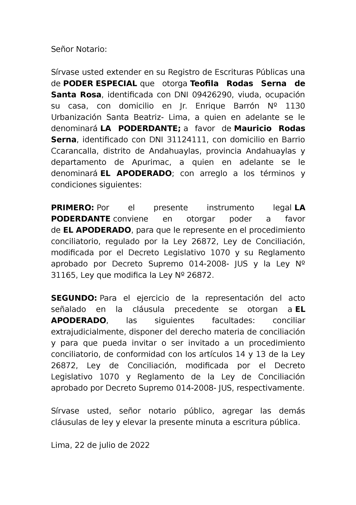 Poder Para Conciliar Modelo Señor Notario Sírvase Usted Extender En Su Registro De 2990