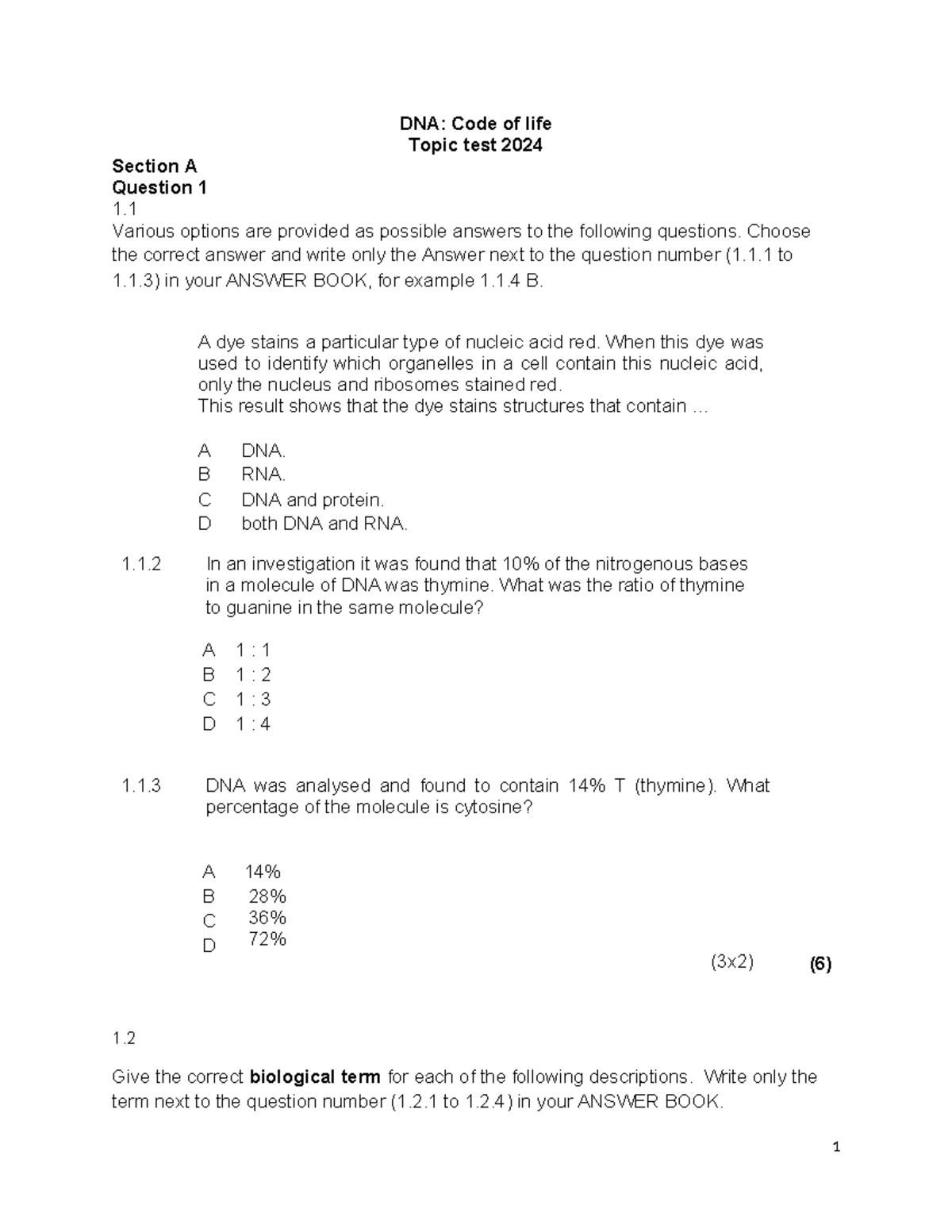 DNA topic test 2024 DNA practical DNA Code of life Topic test 2024