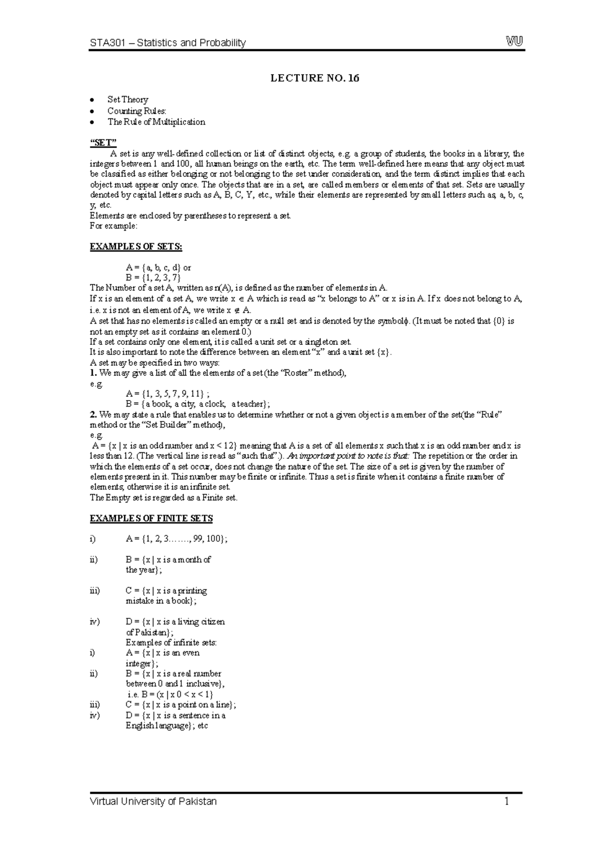 STA301 Handouts - LECTURE NO. 16 Set Theory Counting Rules: The Rule Of ...