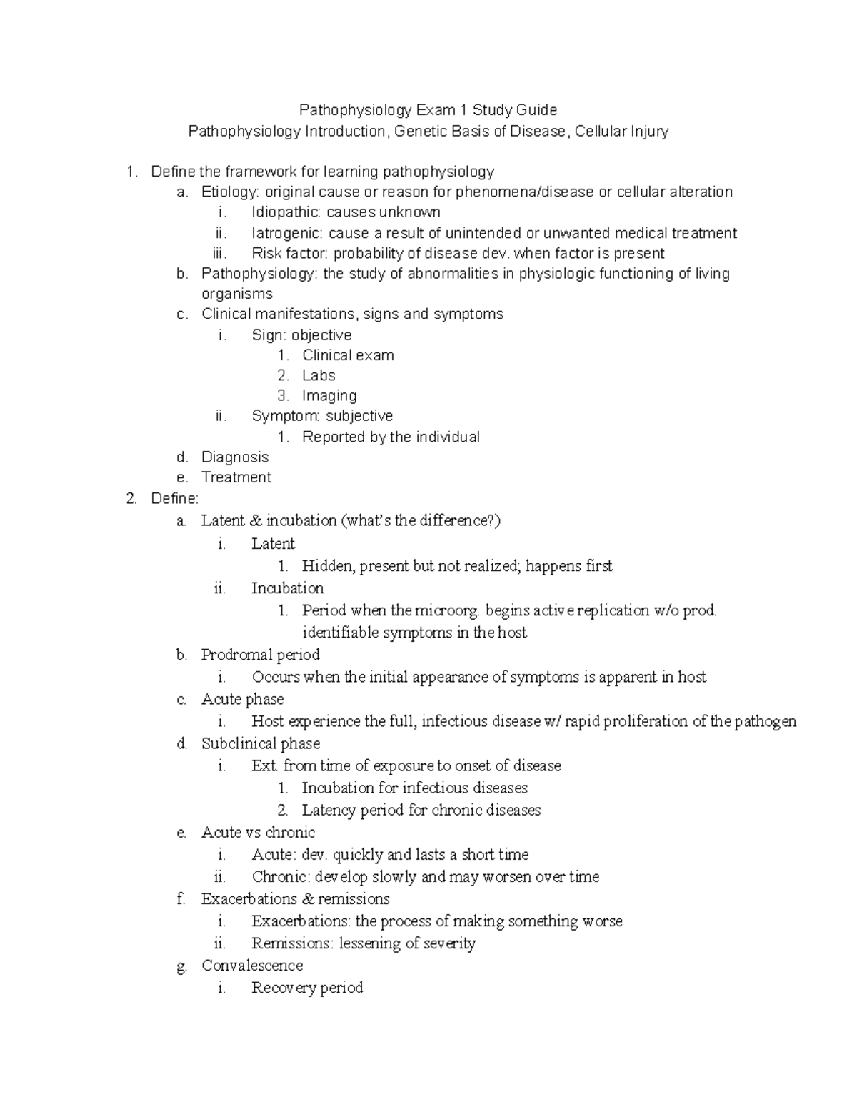 Exam 1 Study Guide - Pathophysiology Exam 1 Study Guide Pathophysiology ...