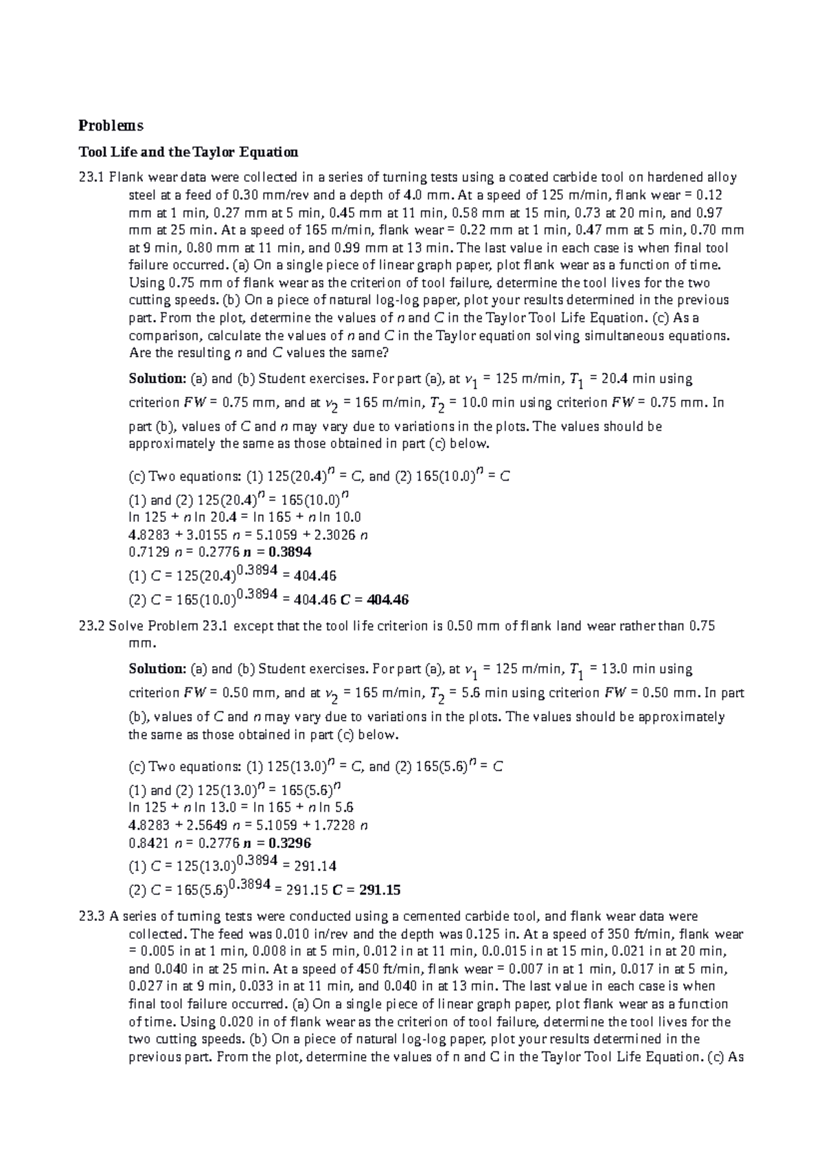 Tool Life and the Taylor Equation Problems Tool Life and the Taylor