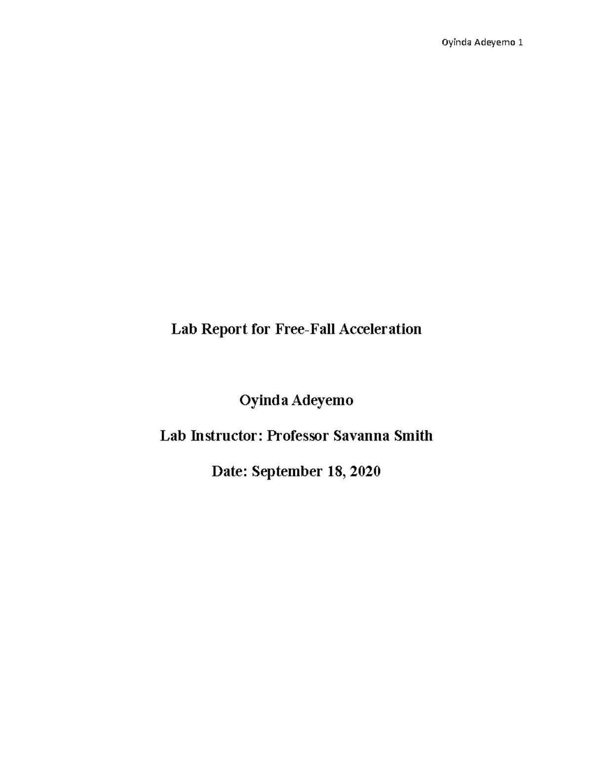 Free-Fall Accleration Lab report - Lab Report for Free-Fall ...