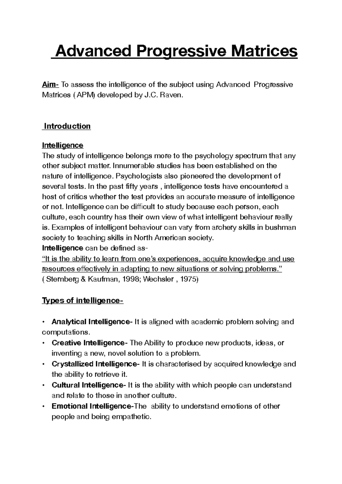 Google - Practical notes - Advanced Progressive Matrices Aim- To assess ...