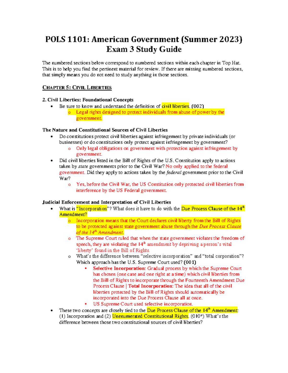 Exam 3 Study Guide SU23 - POLS 1101: American Government (Summer 2023 ...