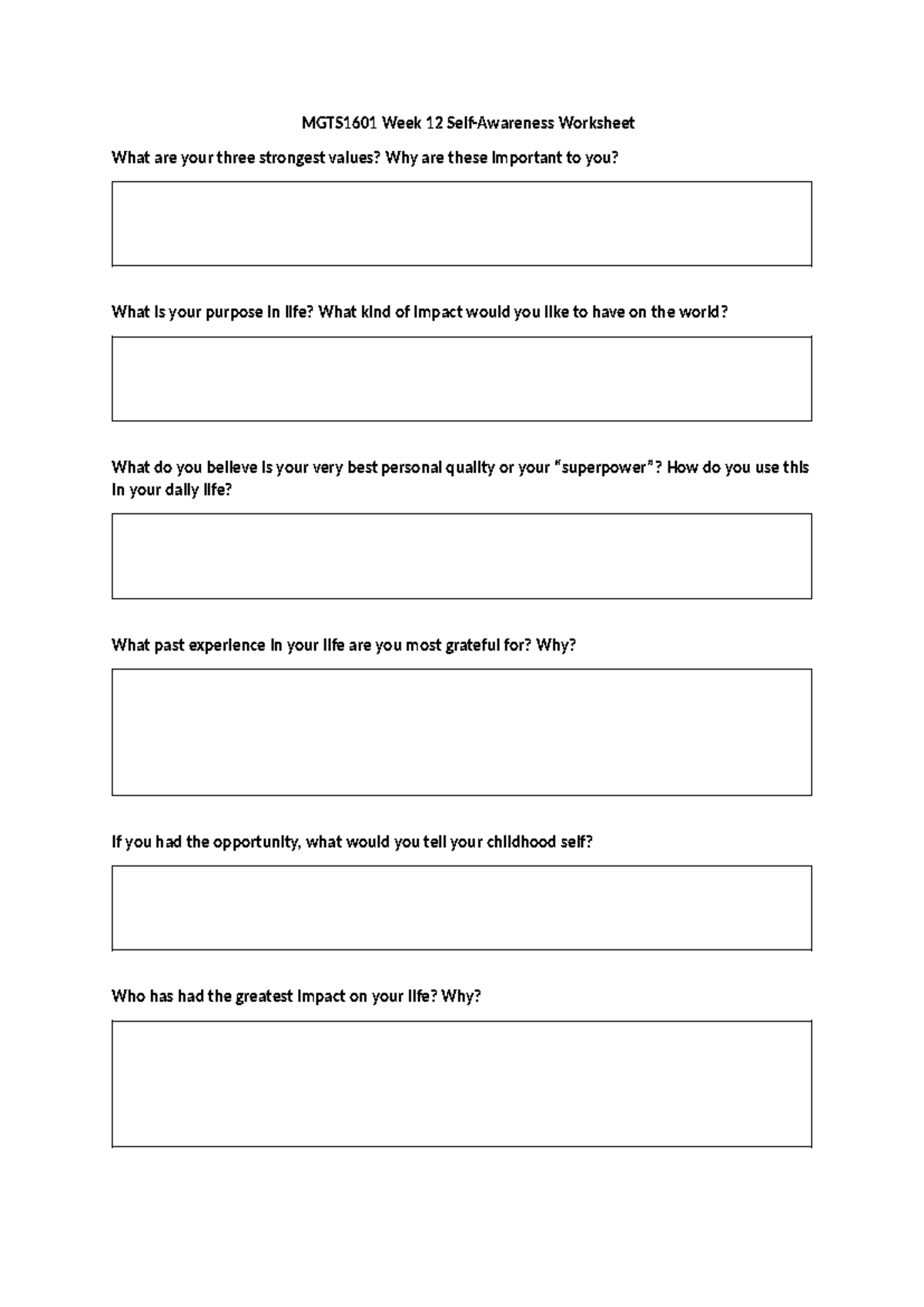 MGTS1601 Week 12 Tutorial Self-Awareness Worksheet S124 - MGTS1601 Week ...