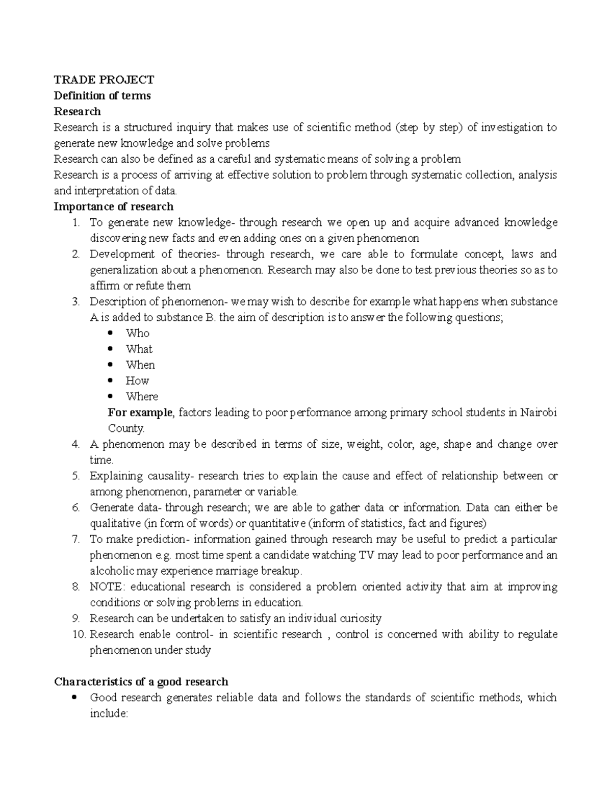 Research Project Final Notes TRADE PROJECT Definition of terms