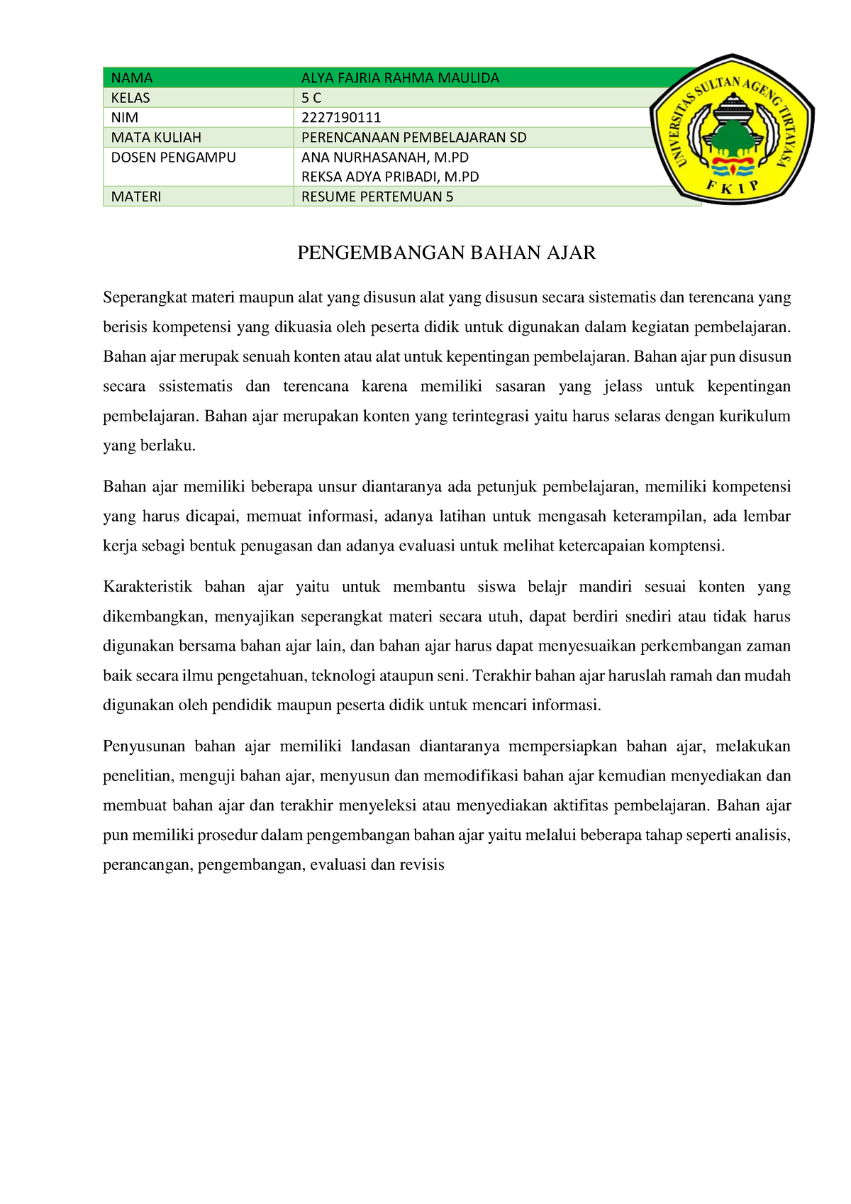 Resume Pengembangan Bahan Ajar 3 - NAMA ALYA FAJRIA RAHMA MAULIDA KELAS ...