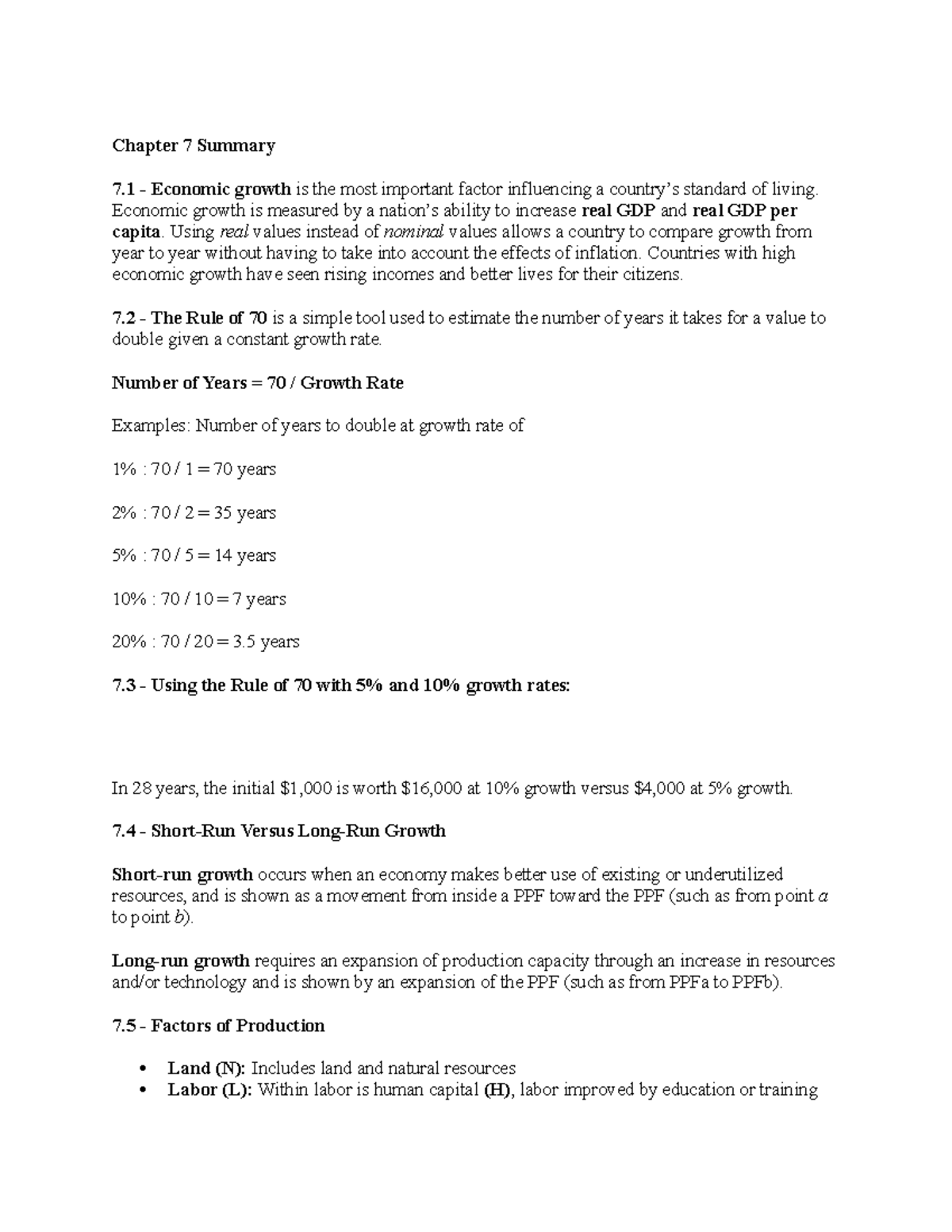 Chapter 7 Summary - Chapter 7 Summary 7 - Economic Growth Is The Most ...