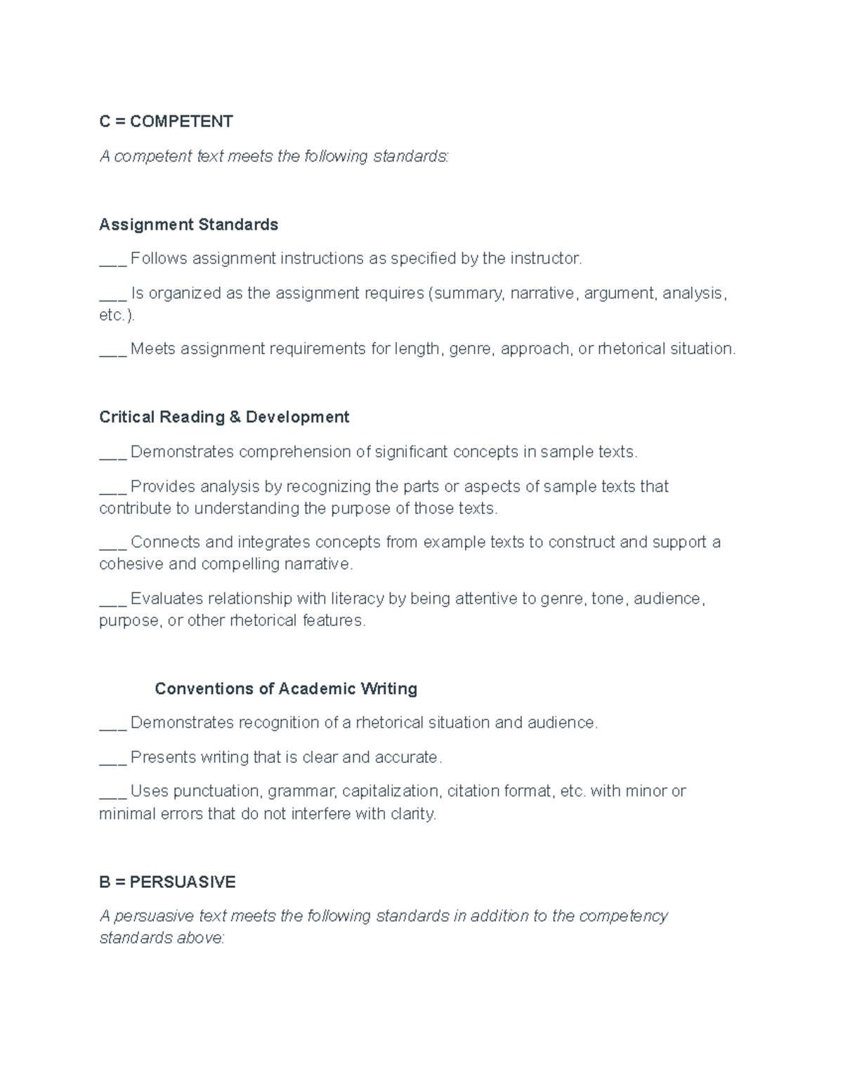 ENG 101 Course Rubric - C = COMPETENT A competent text meets the ...