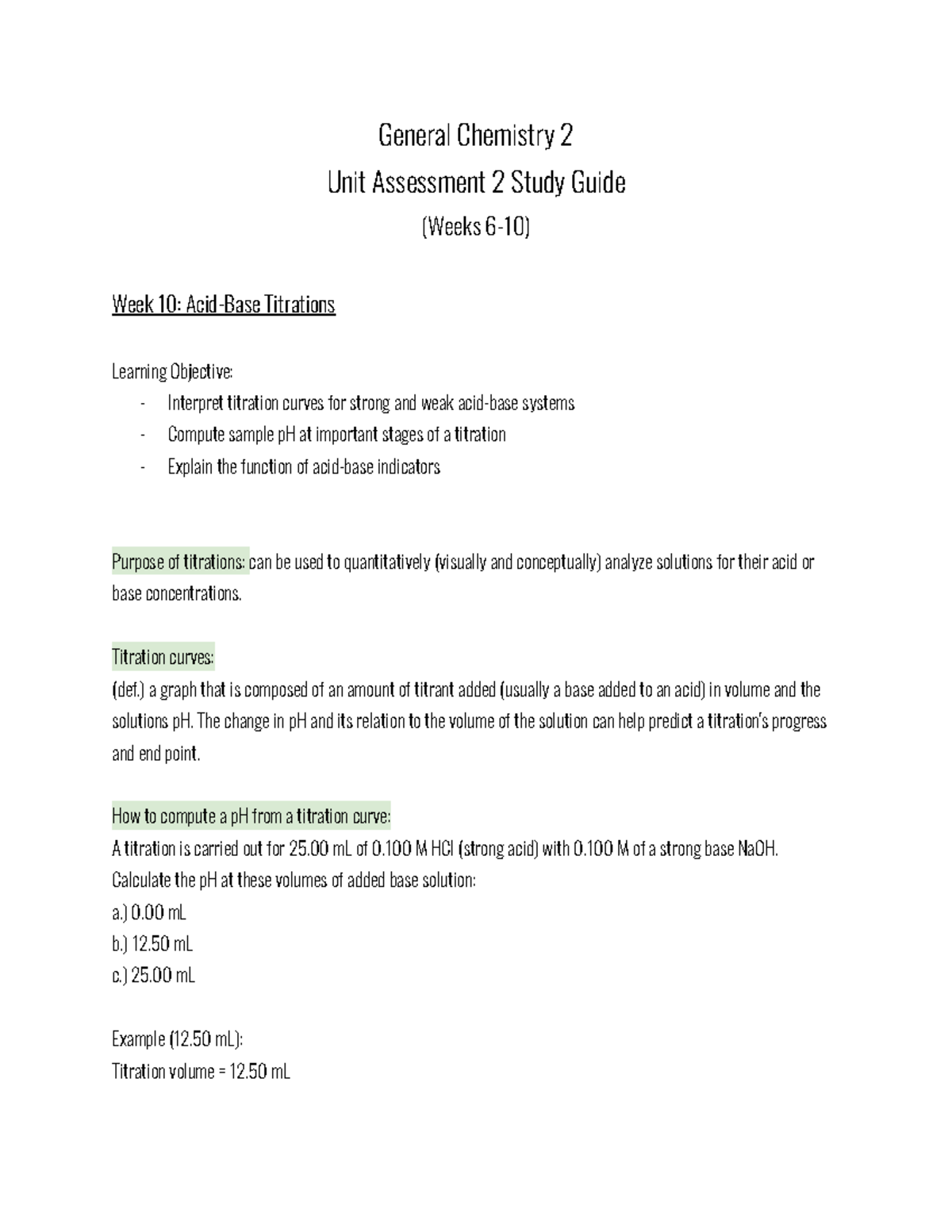 GEN CHEM 2 Unit Assessment 2 Study Guide General Chemistry 2 Unit