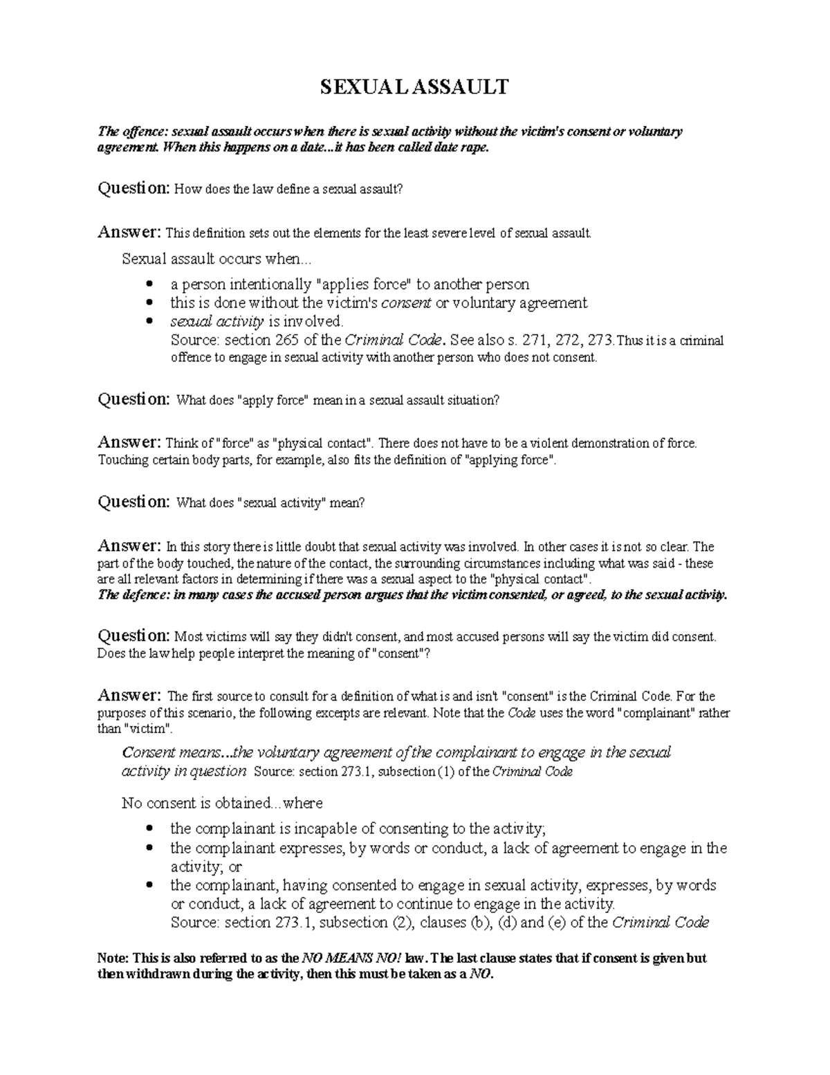 Sexual Assault - Notes - SEXUAL ASSAULT The offence: sexual assault ...