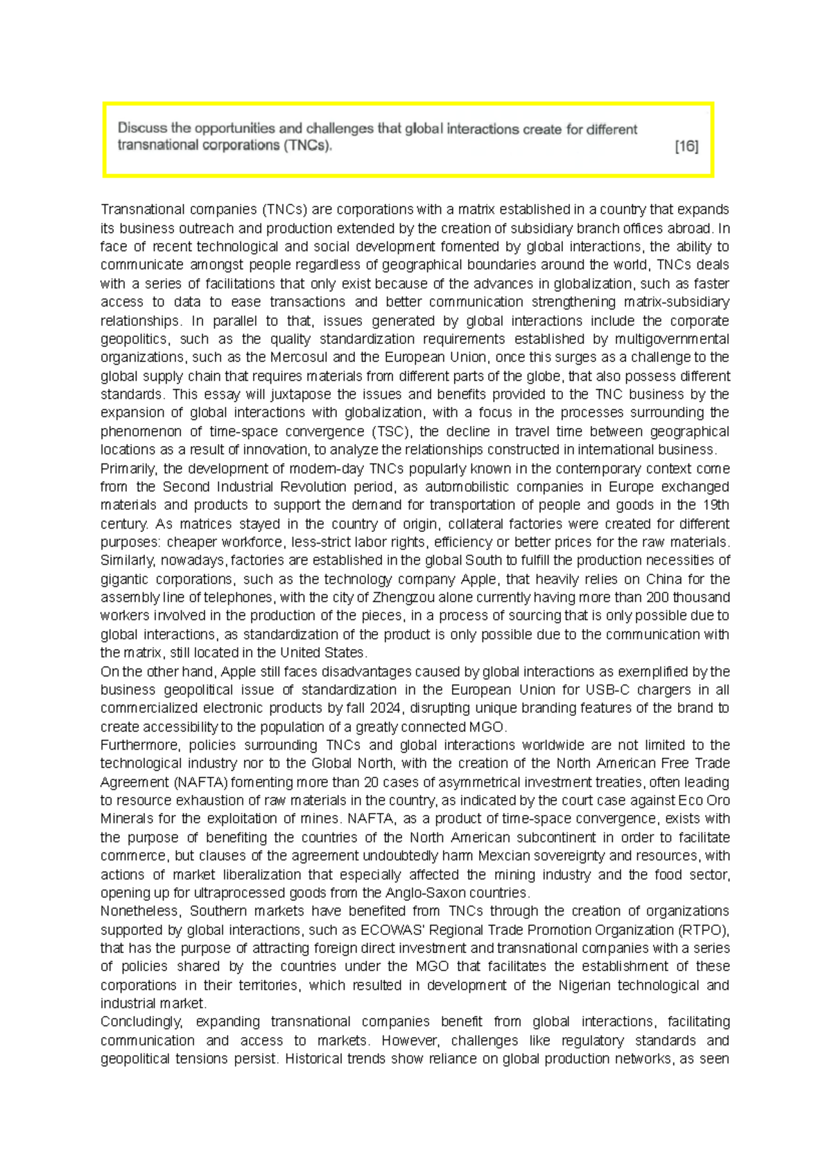 TNC + Global Interact. PP3 Essay - Transnational companies (TNCs) are ...