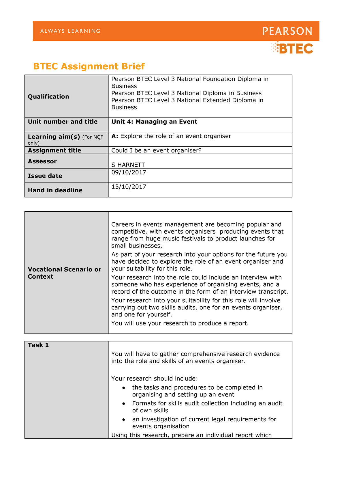 4.1 Assignment Brief - BTEC Assignment Brief Qualification Pearson BTEC ...