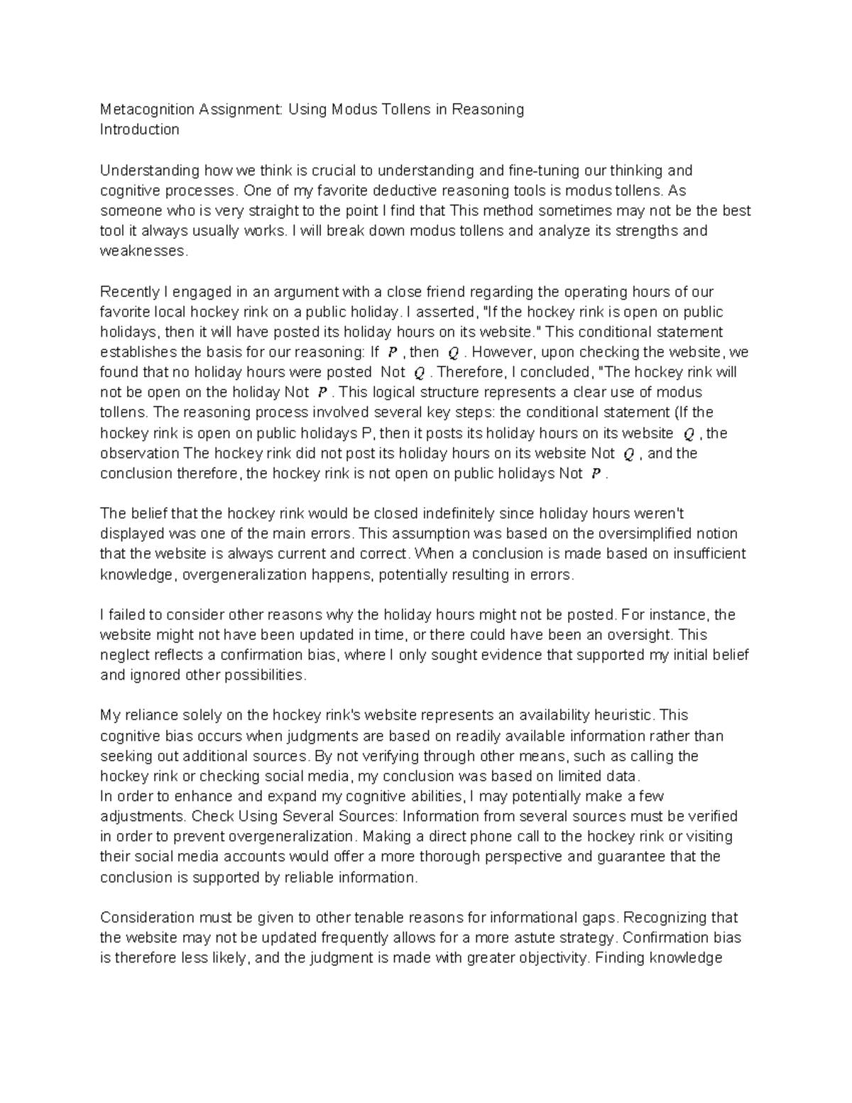 Metacognition phil 100 - Metacognition Assignment: Using Modus Tollens ...