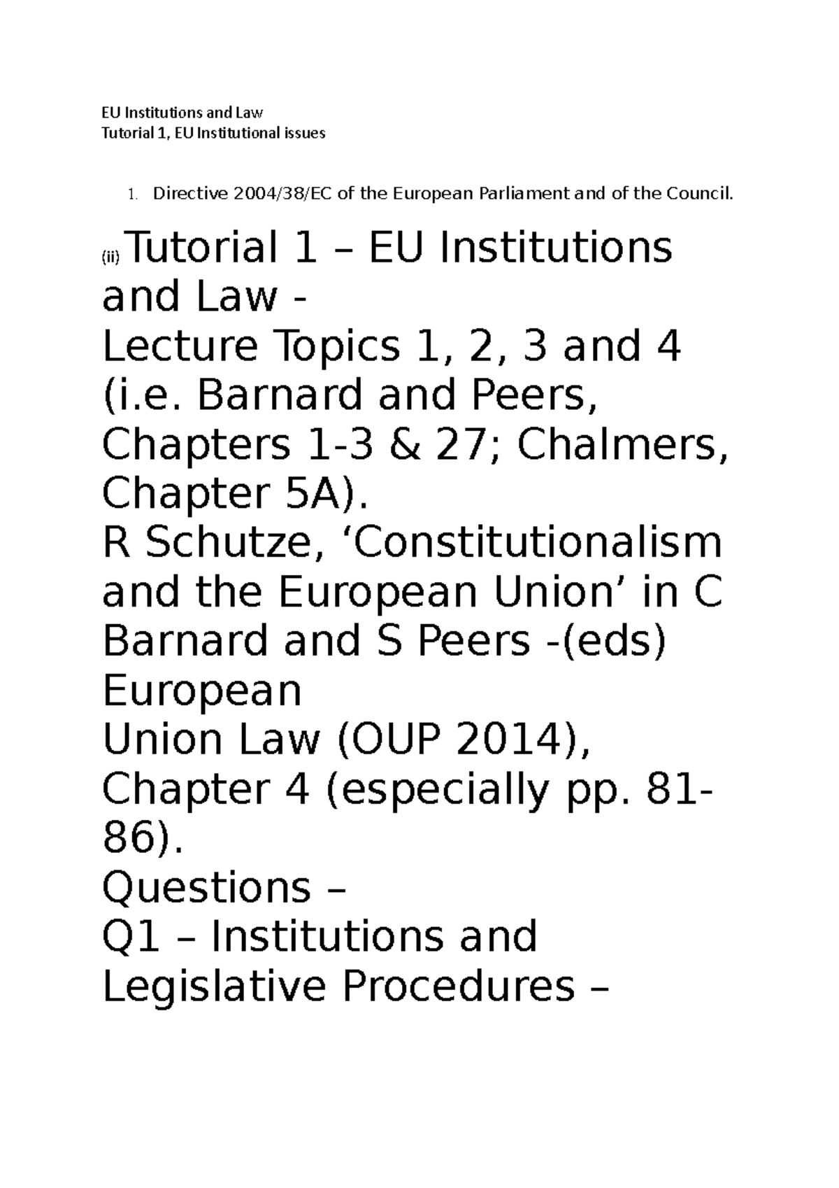 EU Law,Tutorial 1 - Tutorial 1 - EU Institutions And Law Tutorial 1, EU ...