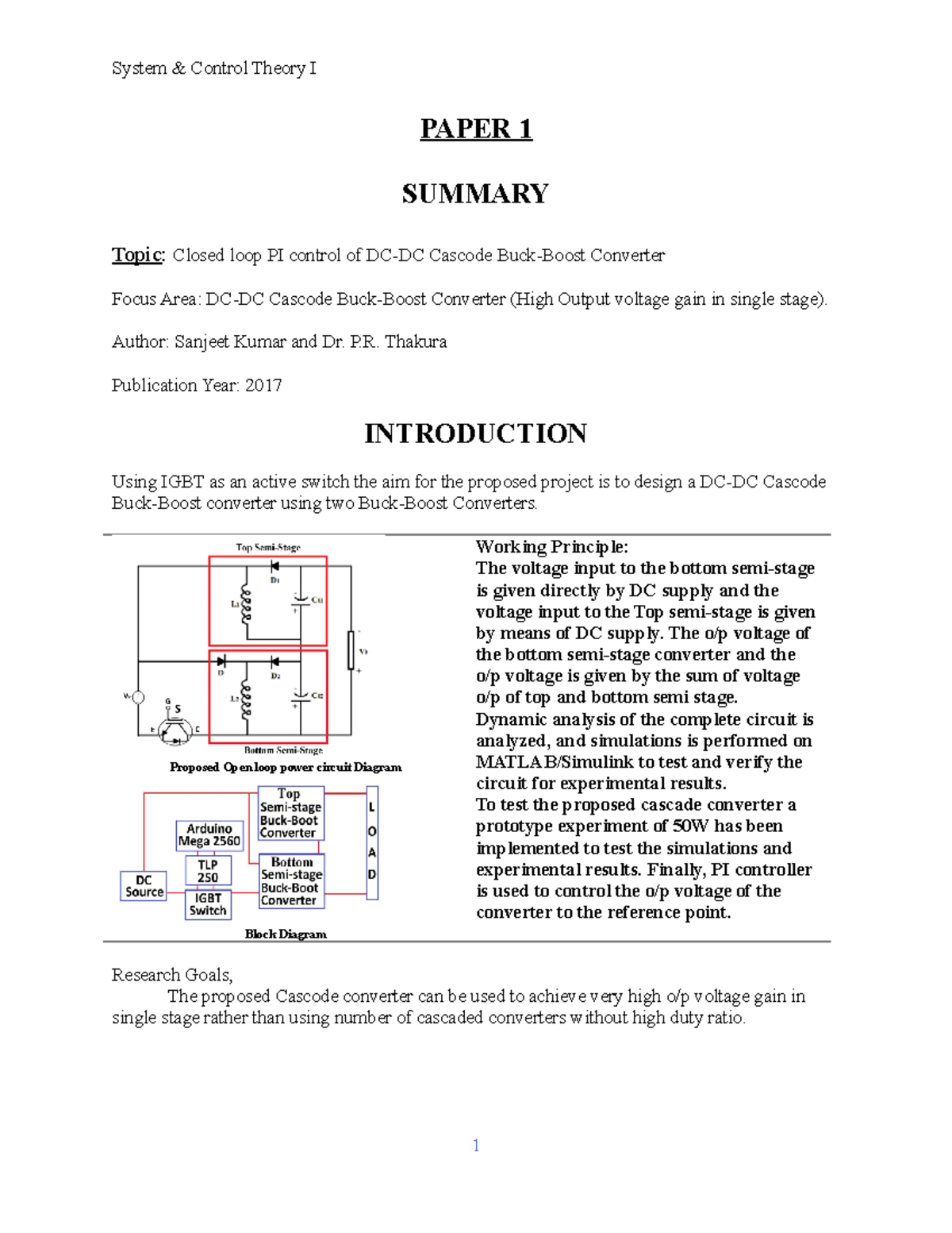 PI Cascode BBC - Project Summary - System Control Theory I PAPER 1 ...